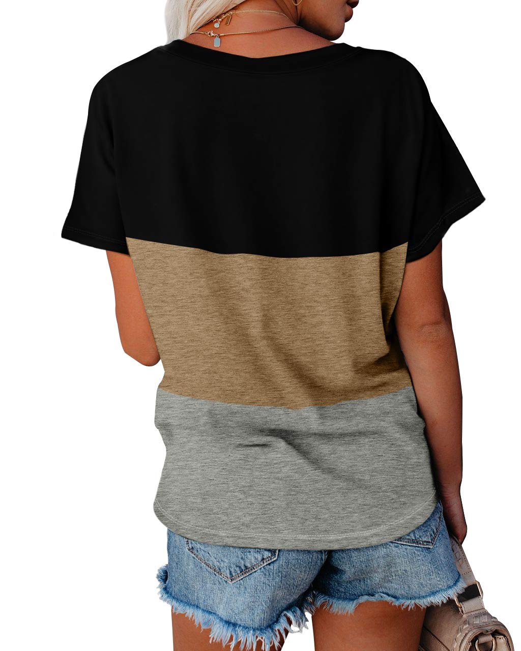 WEESO Women's V-Neck Color Block T-Shirt - Summer Short Sleeve Casual Top for Everyday Wear, Outfits, and Street Style Fashion