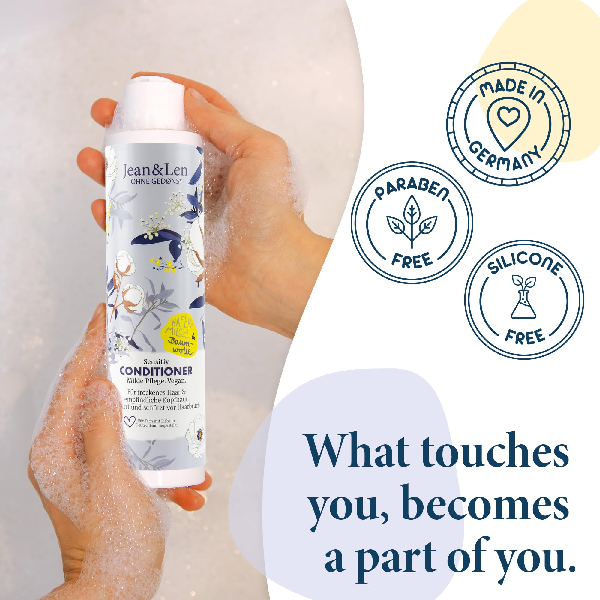 Jean & Len Sensitive Oat Milk & Cotton Conditioner for Dry Hair & Scalp - Silicone Free, Paraben Free, Vegan Hair Care (300ml) - Gentle Moisturizing for Daily Use & Sensitive Skin Relief