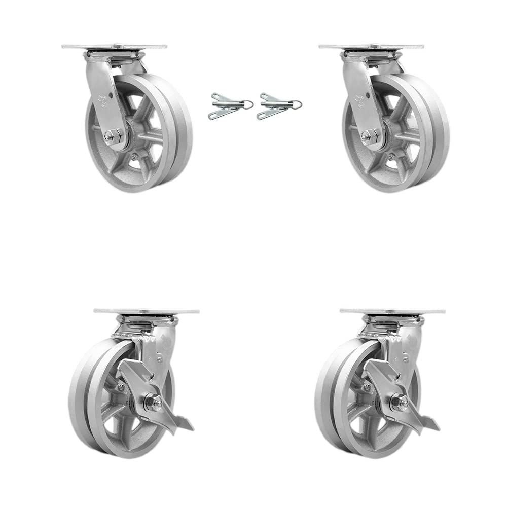 Heavy Duty Cast Iron Swivel Plate Casters Set of 4 - 6 Inch Wheels with Swivel Locks & Brakes | Service Caster Brand | Industrial Equipment, Warehouse Carts & Furniture Movers