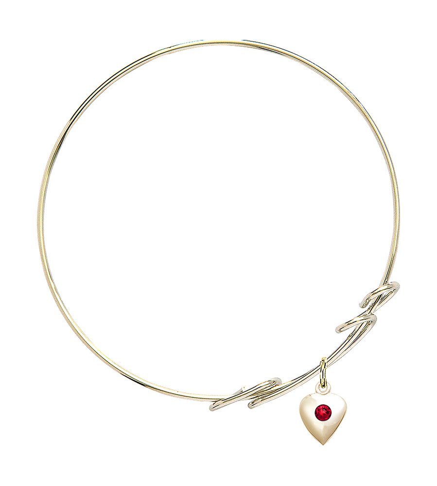8 Inch Round Double Loop Bangle Bracelet with Heart Medal Charm & July Red Crystal - Perfect for Anniversary Gifts, Date Nights, and Special Occasions