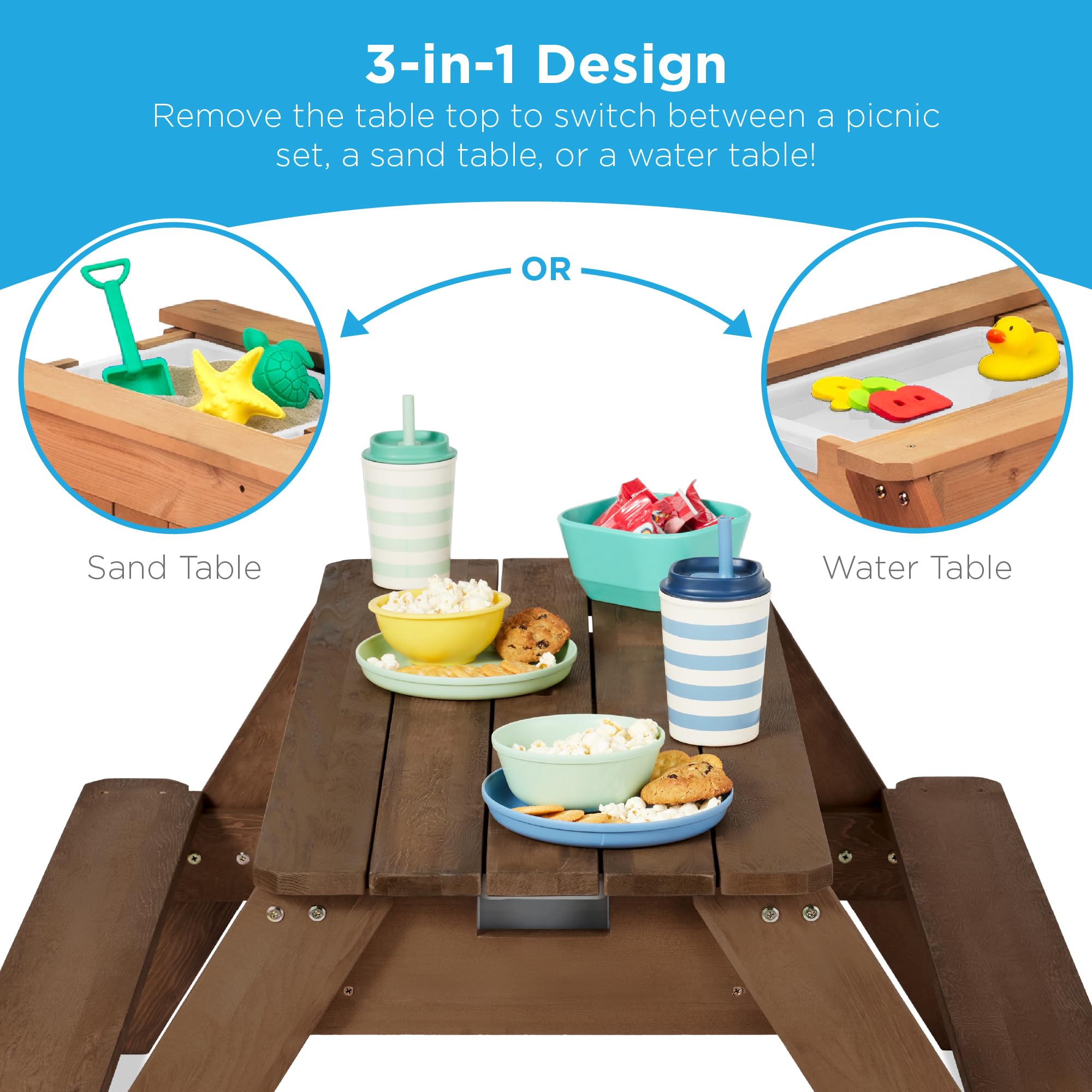 Best Choice Products Kids 3-in-1 Sand & Water Table with Umbrella - Convertible Wooden Outdoor Picnic Table for Toddlers, 2 Trays & Removable Top, 220lb Weight Capacity (Walnut/Beige) - Perfect for Backyard Play, Beach Fun & Outdoor Dining