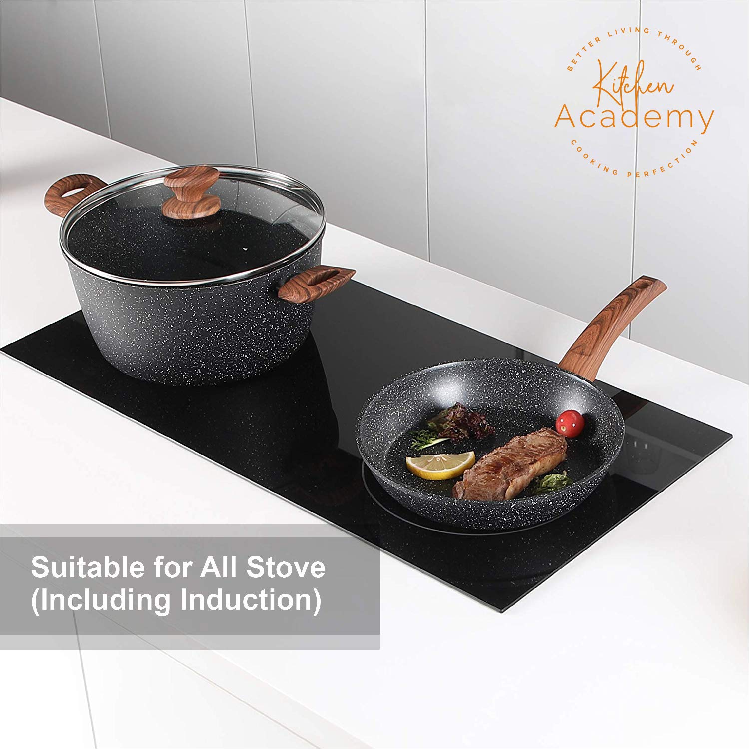 Kitchen Academy Induction Cookware Sets - 12 Piece Nonstick Pots and Pans Set, Granite Black Coating for Gas & Electric Stoves | Perfect for Sauteing, Boiling & Frying in Modern Kitchens