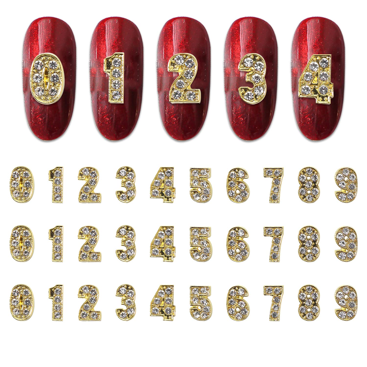 WOKOTO 30pcs Gold Number Nail Charms (0-9) - 3D Nail Art Decorations for Acrylic Nails, Alloy Nail Rhinestones & Gems - Perfect for DIY Manicures, Nail Salons, and Special Occasions
