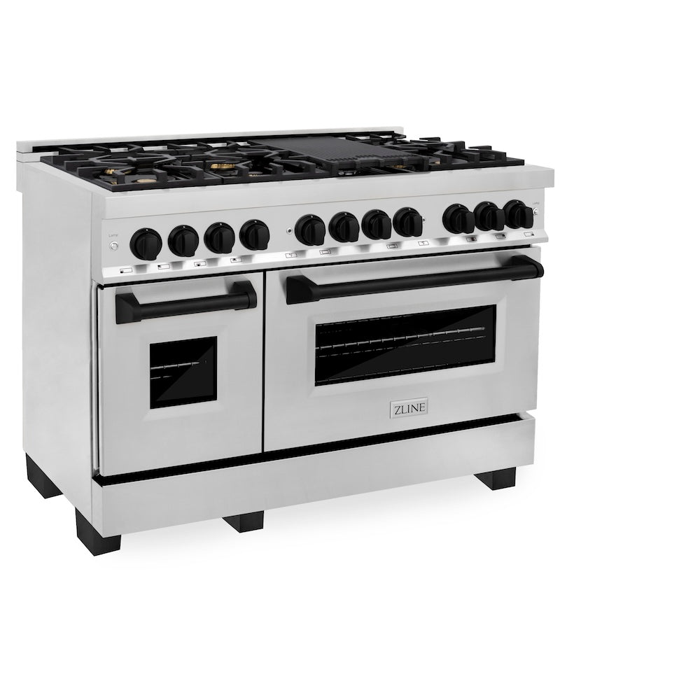 ZLINE Autograph Edition 48-inch Professional Kitchen Package - Stainless Steel Dual Fuel Range & Range Hood with Matte Black Accents (2AKP RARH48 MB) | Perfect for Gourmet Cooking & Modern Home Kitchens