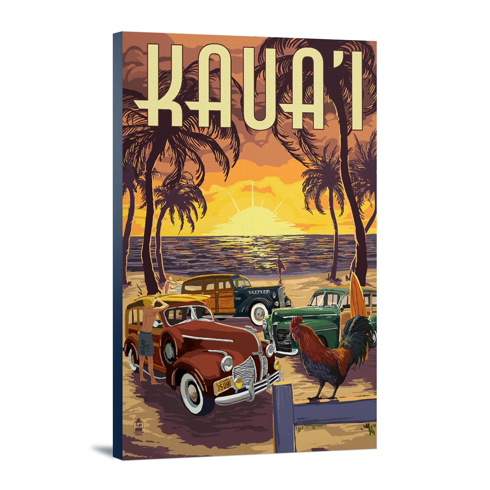 Lantern Press Kauai Woodies on the Beach with Rooster - 16x24 Wrapped Canvas Wall Art - Tropical Beach Decor for Living Room, Bedroom & Office