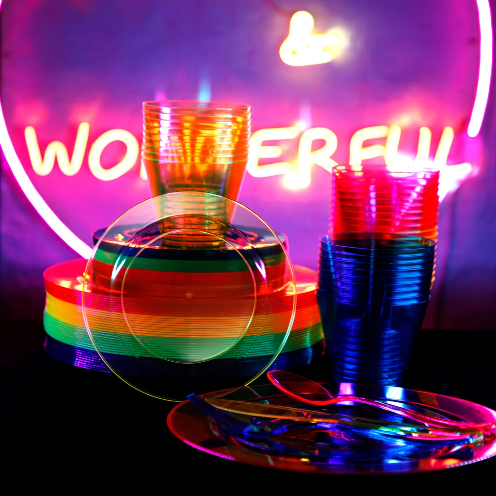 Supernal 216-Piece Neon Party Supplies Set - Disposable Hard Plastic Plates, Cups, Cutlery (Forks, Knives, Spoons) in Vibrant Neon Pink, Blue, Green & Yellow - Perfect for Birthday Parties, Halloween Celebrations, Rave Events & Glow-in-the-Dark Themed Gatherings
