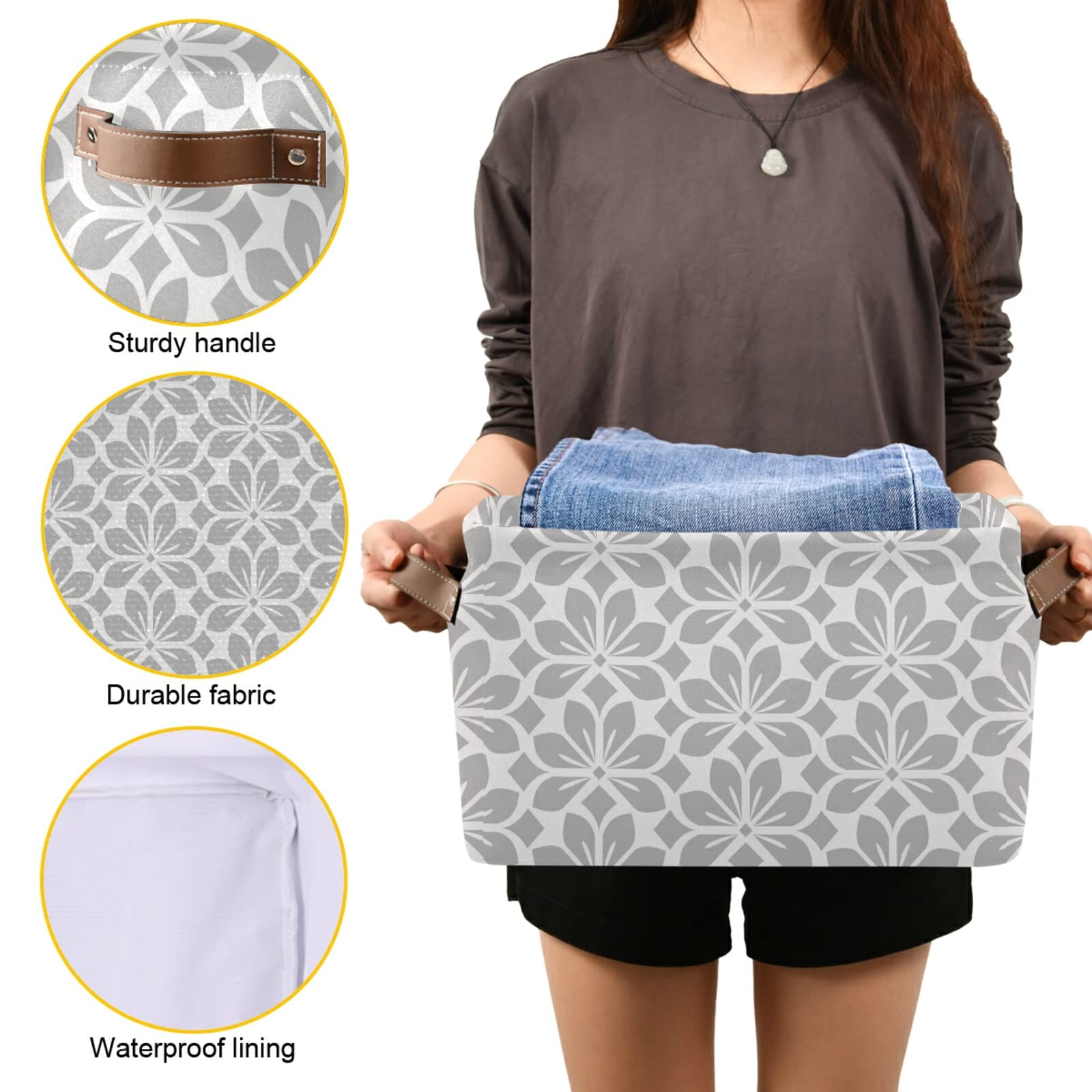Gray White Floral Storage Basket - Large Collapsible Fabric Bin with PU Handles for Home Organization | Perfect for Shelves, Closet, Nursery & Laundry Room (1-Pack)