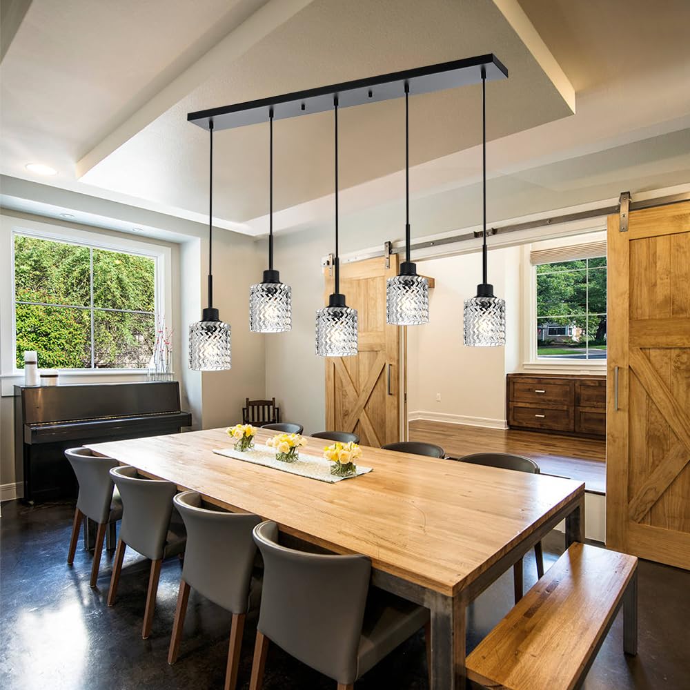 Black 5-Light Kitchen Island Pendant Light Fixture - Farmhouse Chandelier with Hammered Glass Shades, E26 Bulb Base - Perfect for Dining Room, Kitchen Island, and Breakfast Nook Lighting