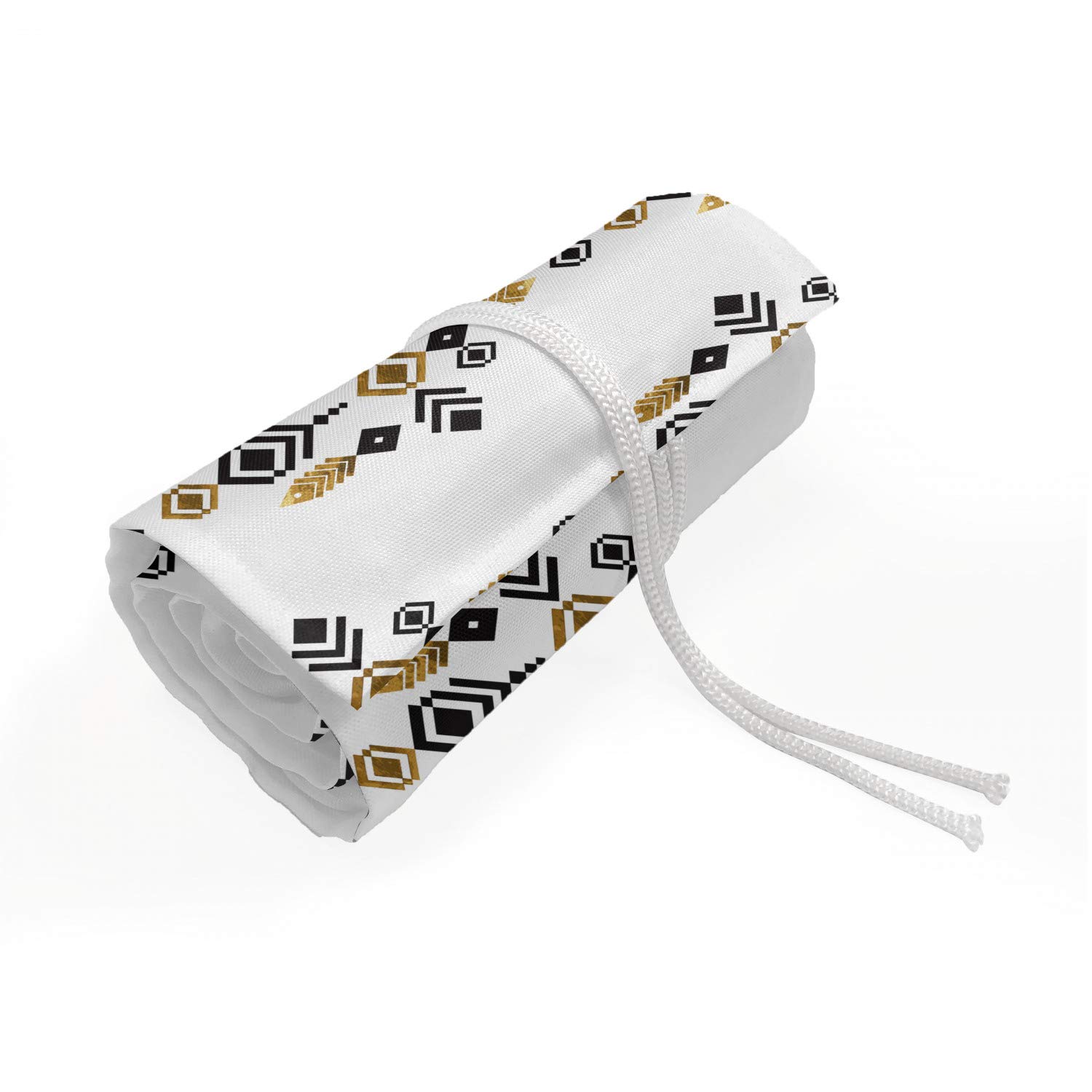 Ambesonne Tribal Roll Up Pencil Holder - Mayan Cultural Geometric Design Artist Pencil Case with 48 Loops for Drawing, Sketching & School Supplies (Amber Black & White) - Perfect for Artists, Students & Office Organization