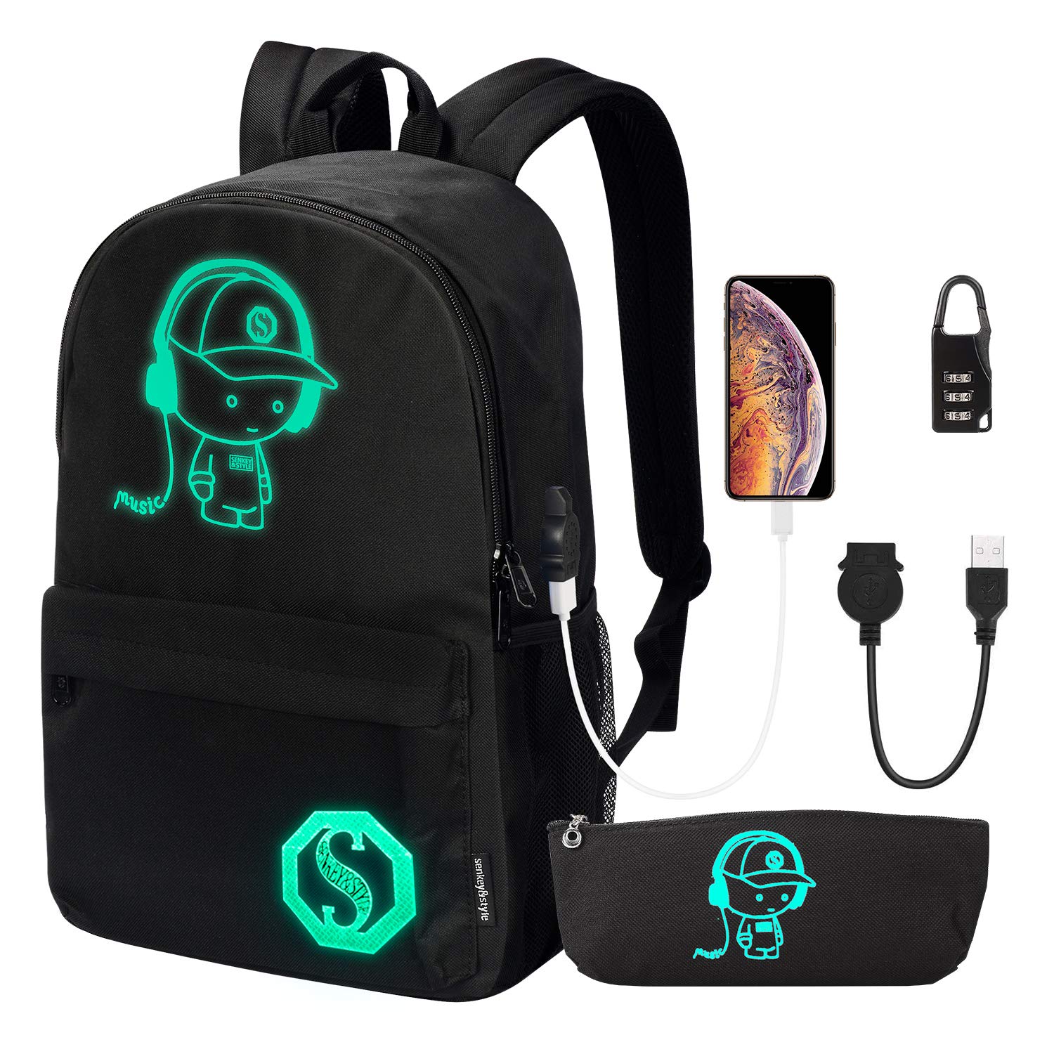 Anime Luminous Anti-Theft Laptop Backpack with USB Charging Port & Lock - School College Bookbag for Students with Pencil Case - Perfect for Daily Commute, Travel & Campus Use
