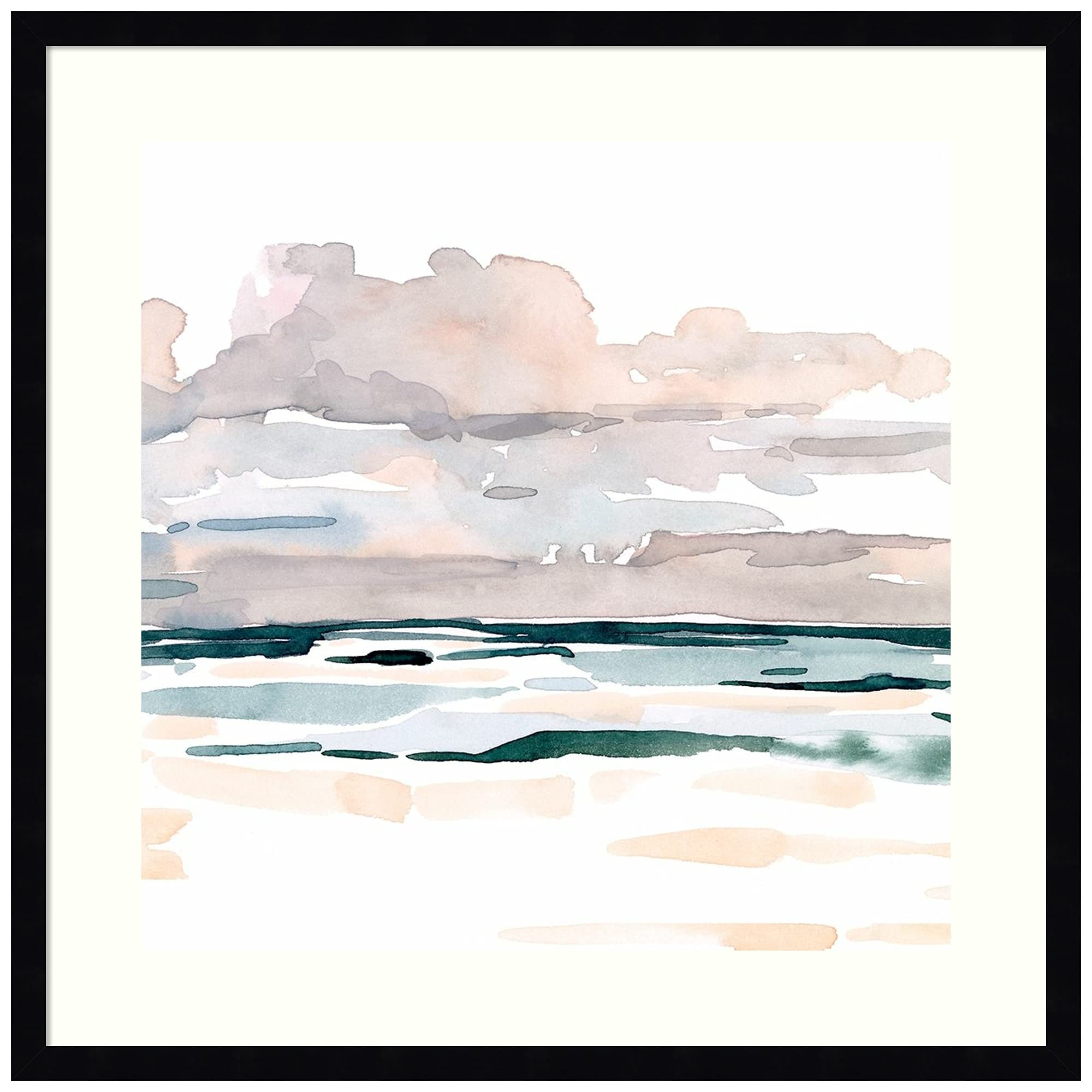 Emma Scarvey Soft Coastal Abstract I Framed Wall Art Print - 25x25 Inches, Svelte Noir Black Frame - Perfect for Beach House, Living Room & Office Decor