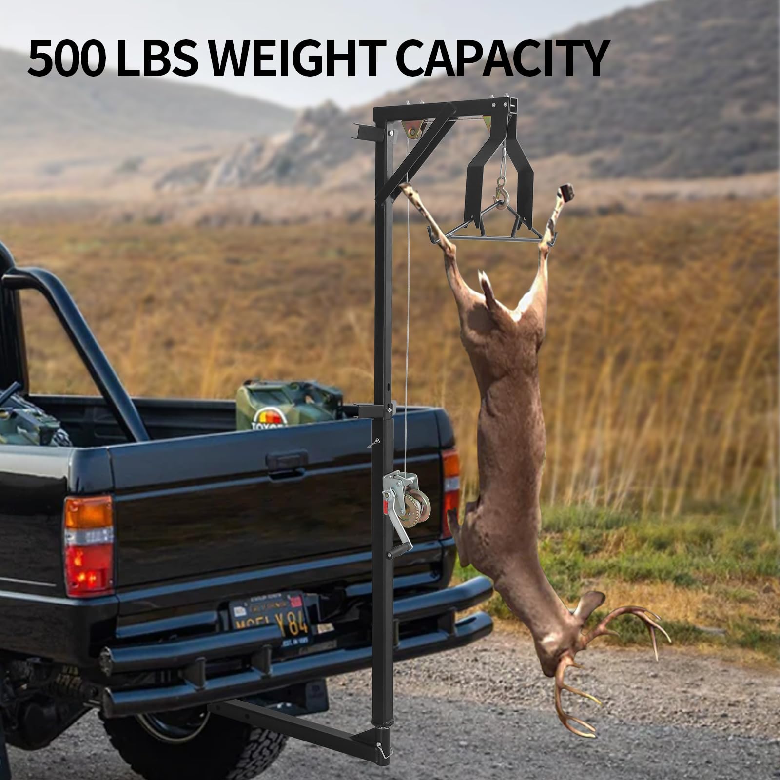 Heavy Duty Truck Hitch Game Hunting Hoist - 400 lb Capacity Complete Kit with Winch & Gambrel for Deer Processing, Skinning and Cleaning | Perfect for Field Dressing, Camping & Outdoor Hunting Adventures