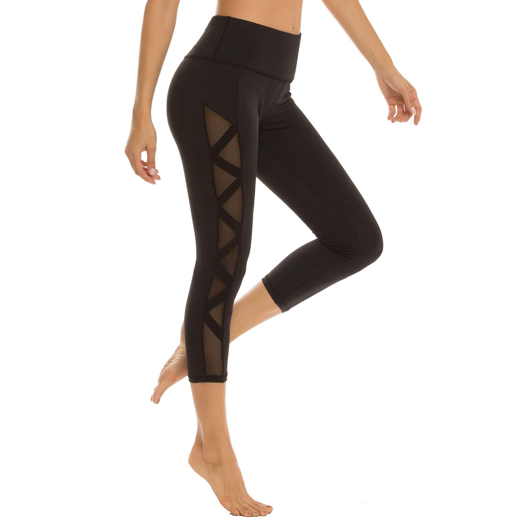 Romansong Women's High Waisted Yoga Pants with Pockets - 4-Way Stretch Mesh Capri Leggings for Workout & Lounge, Tummy Control Non See-Through Activewear for Gym, Running & Daily Wear