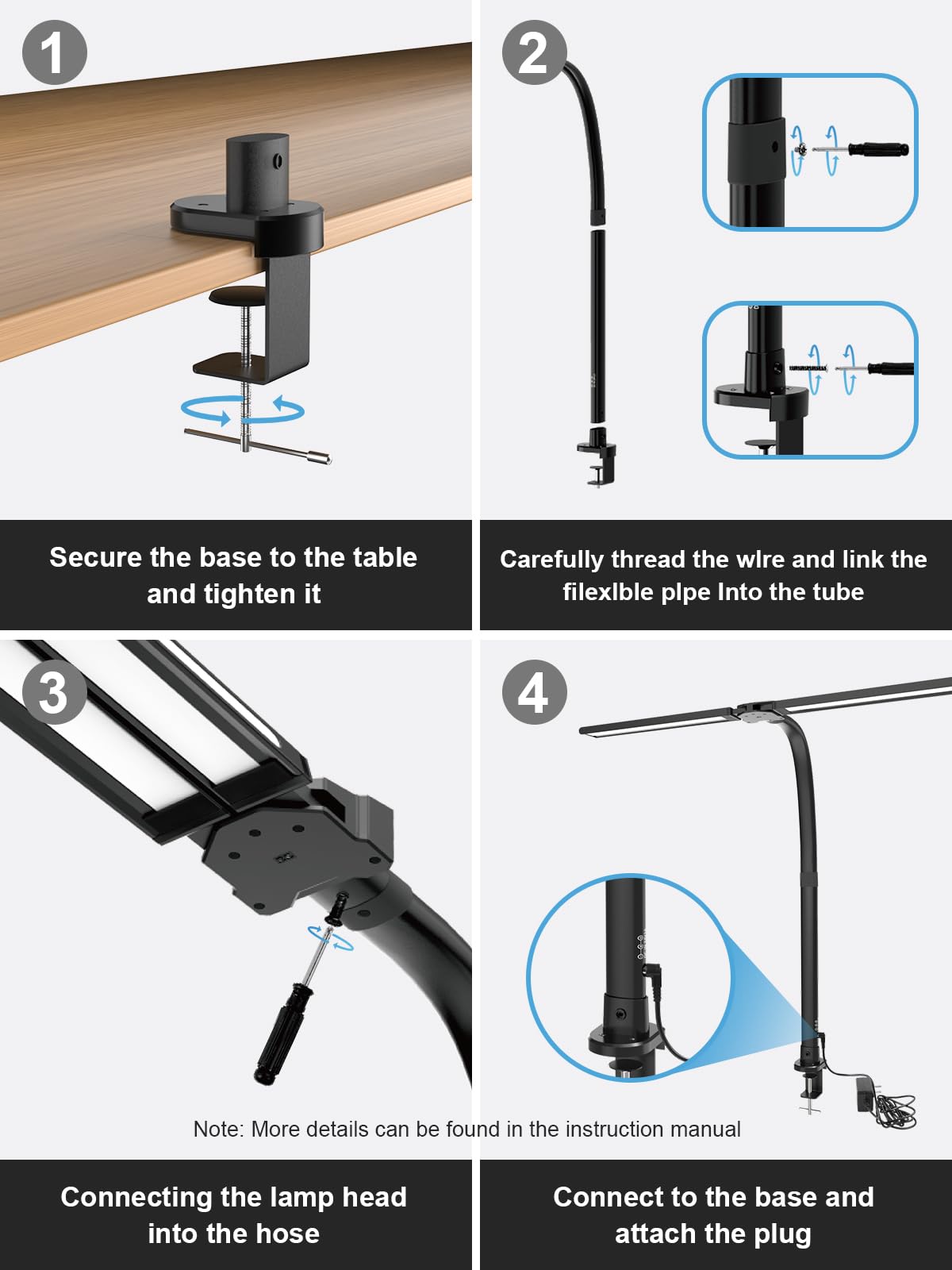 Double Swing Arm LED Desk Lamp with Clamp - 24W Ultra Bright Auto Dimming Table Light with RGB Mood Lighting, Multi-Angle Adjustable Touch Control for Home Office, Study & Gaming Workspace