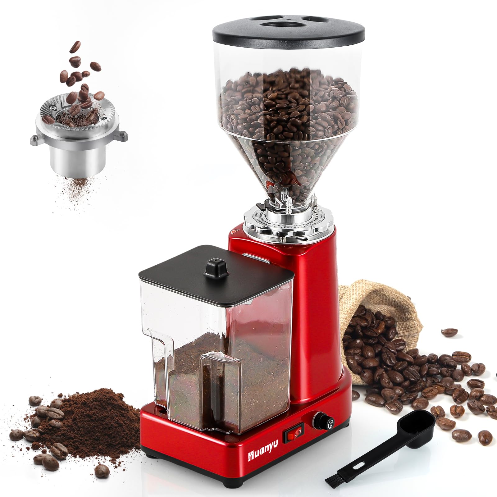 Premium Huanyu Flat Burr Coffee Grinder - 19 Precise Grind Settings, 35oz Large Capacity Electric Coffee Bean Grinder (Red) - Perfect for Home Brewing, Espresso & French Press Coffee Making