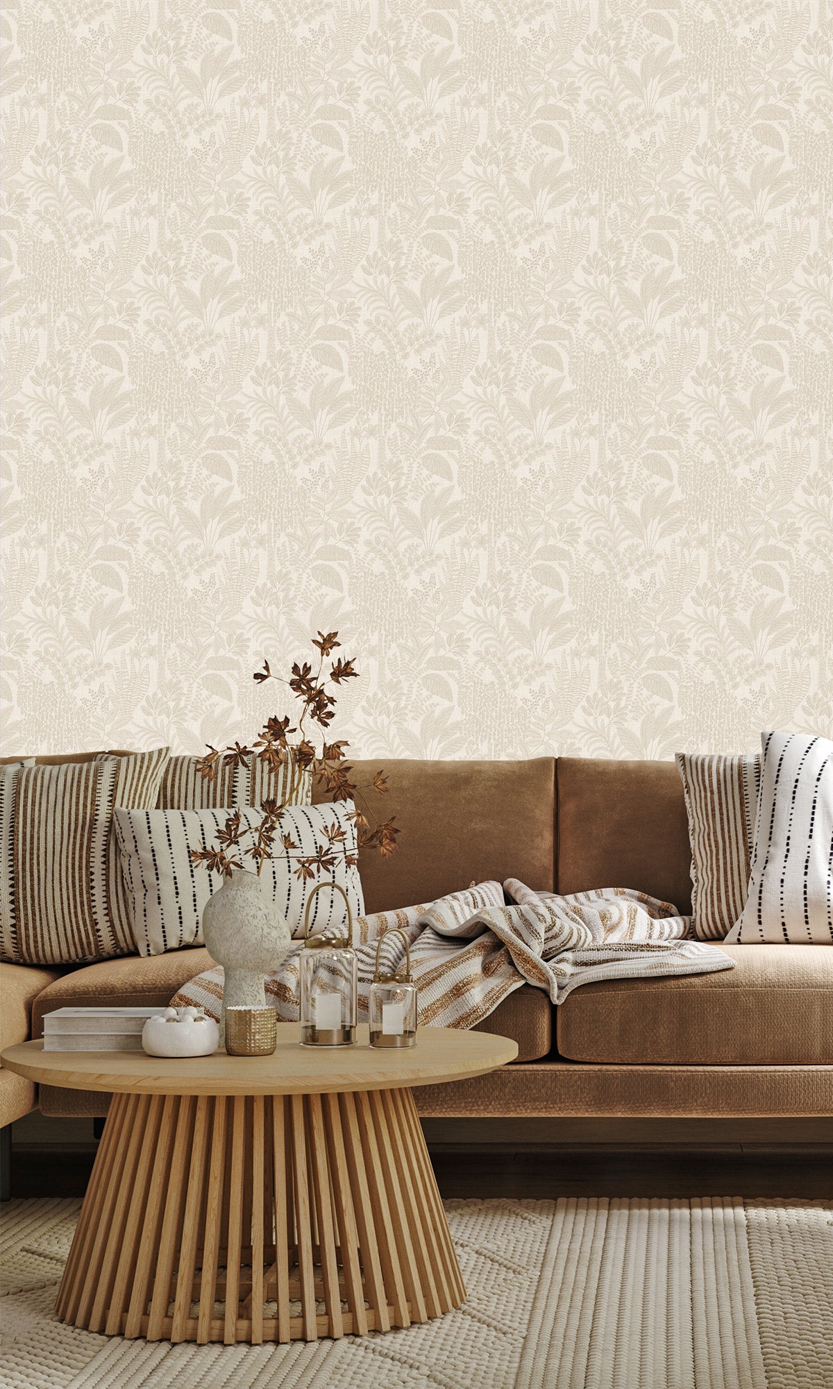 Botanical Oasis Print Wallpaper R9560 - Cream Floral Wall Covering for Living Room, Bedroom & Home Decor