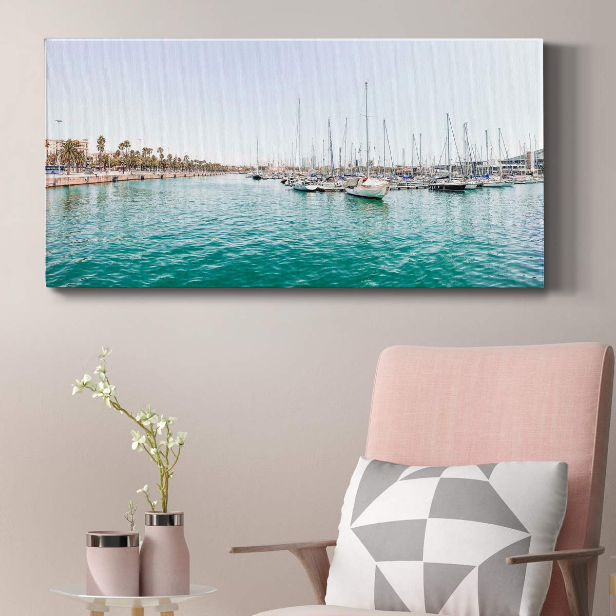 Modern Sailboat Pier Landscape Canvas Wall Art - Blue Beach Print for Living Room, Bedroom, Bathroom & Office Decor - Ready to Hang 20x40 Inches - Perfect for Coastal, Nautical & Home Interior Design