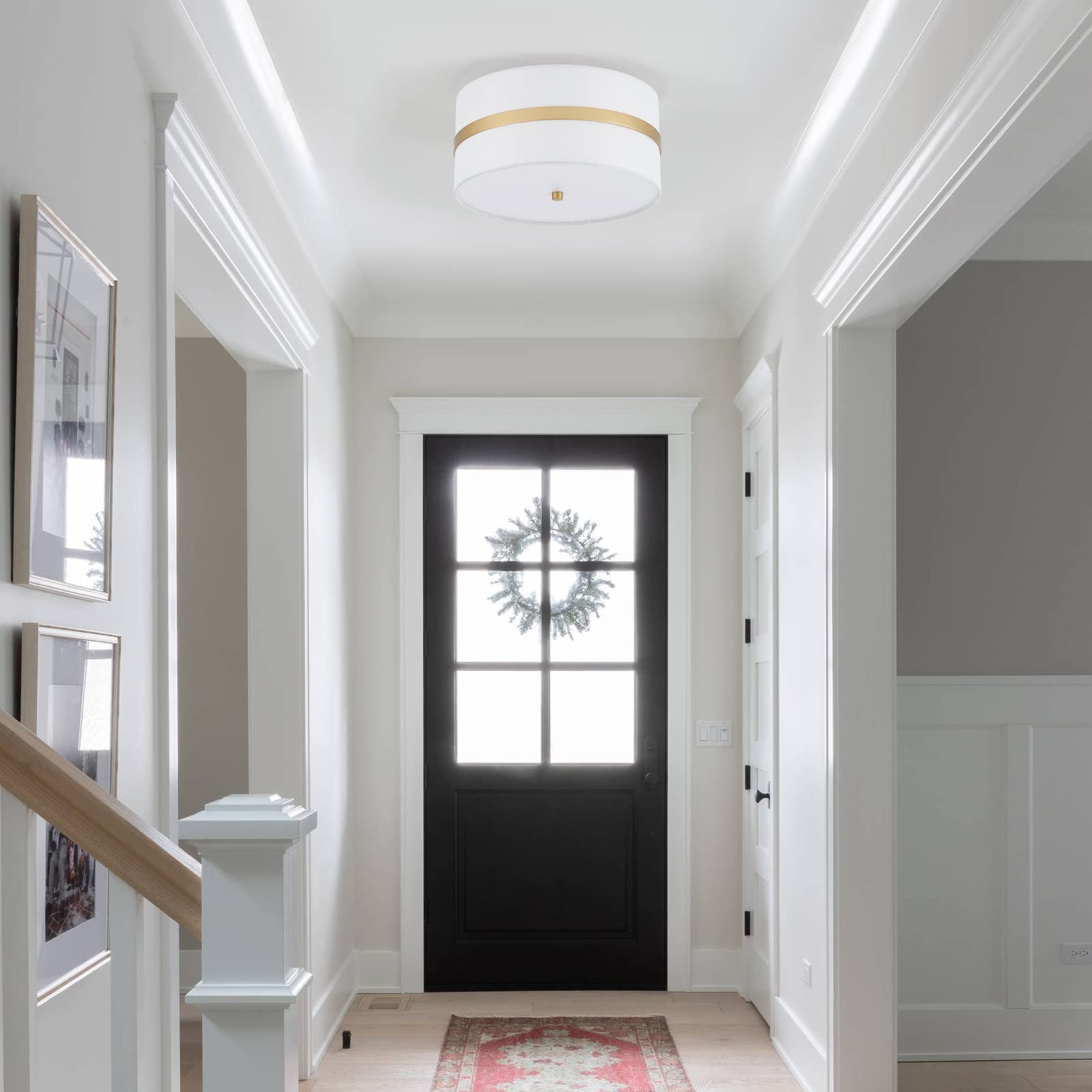 Modern Semi Flush Mount Ceiling Light Fixture - 3-Light Thin Pale Gold Brushed Finish with Cream White Fabric Drum Shade | Perfect for Nursery, Kids Room, Bedroom, Kitchen, Hallway & Entryway Lighting