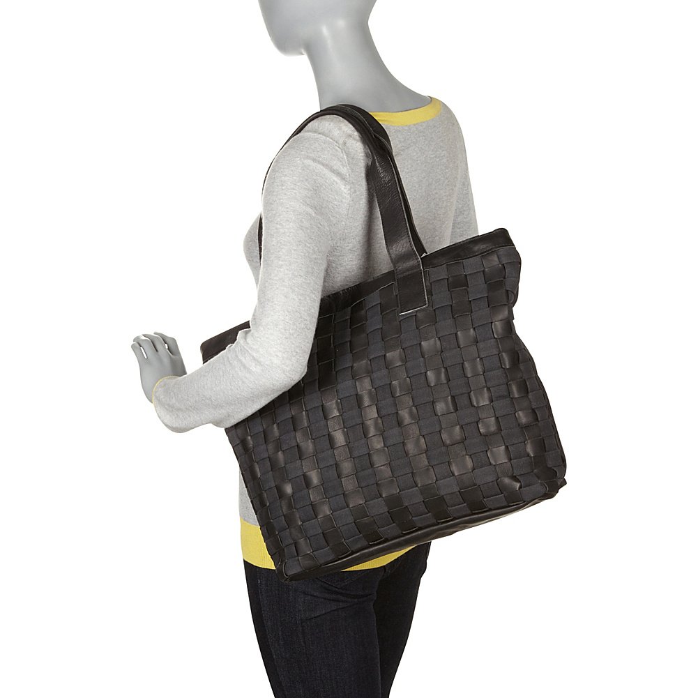 Premium Sharo Leather Weave Tote Bag with Black Canvas - Stylish Women's Handbag for Work, Travel & Everyday Use (Black)
