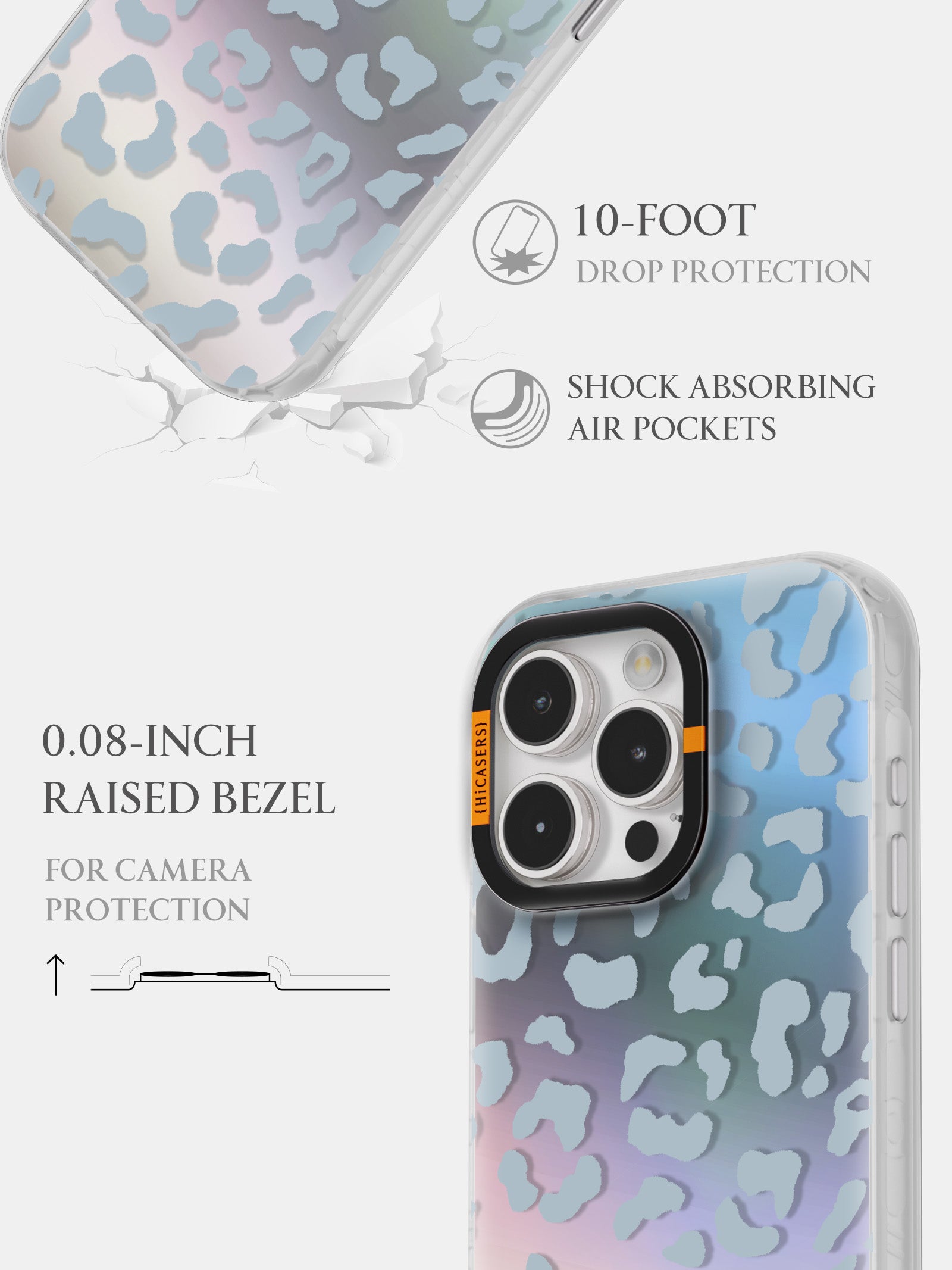 Leopard Print Iridescent Mirror Case for iPhone - Baby Blue Phone Cover for Women, Girls | Trendy Protective Case for Everyday Use, Parties & Travel