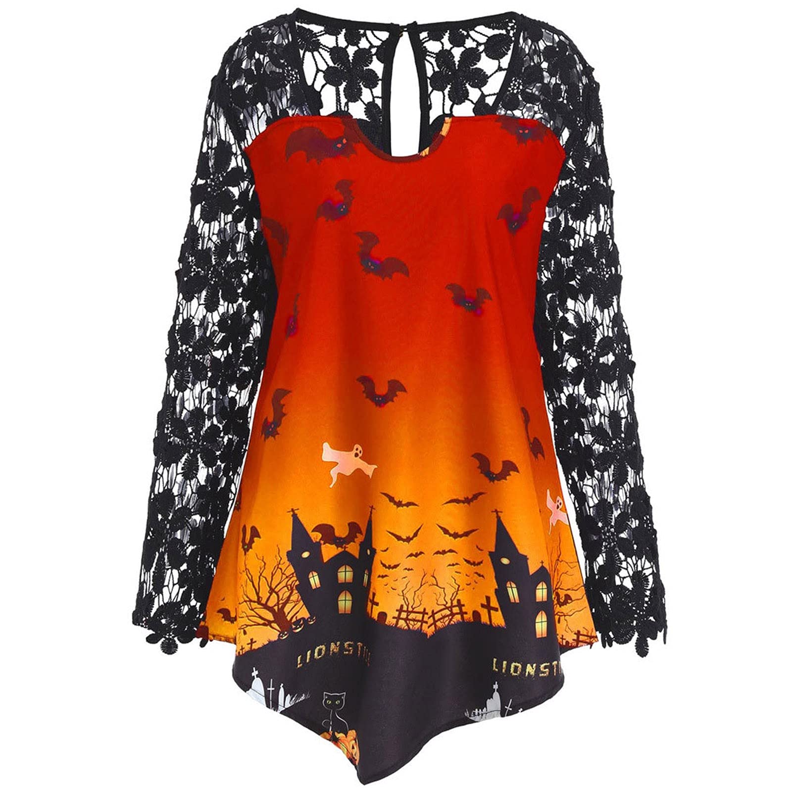 JINF Women's Fashion Halloween Tops - Pumpkin Lace Patchwork Asymmetrical Tunic Blouse | Cute Fall Shirts for Parties, Costumes & Casual Wear