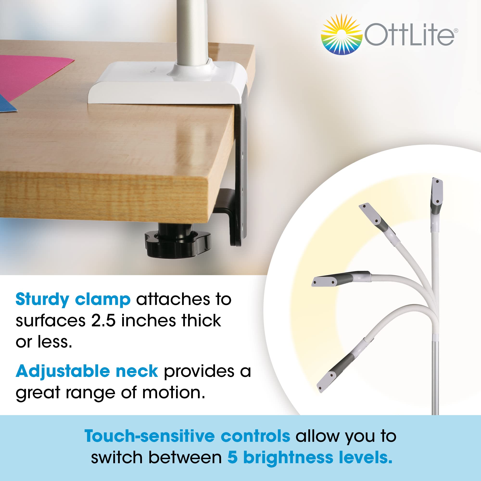 OttLite LED Desk Lamp with Sturdy Clamp - Wide Adjustable Dimmable Lighting, 5 Brightness Settings & Natural Daylight LEDs for Home Office, Computer Desk, Dorm Room, Workbench - Perfect for Reading, Studying & Crafting