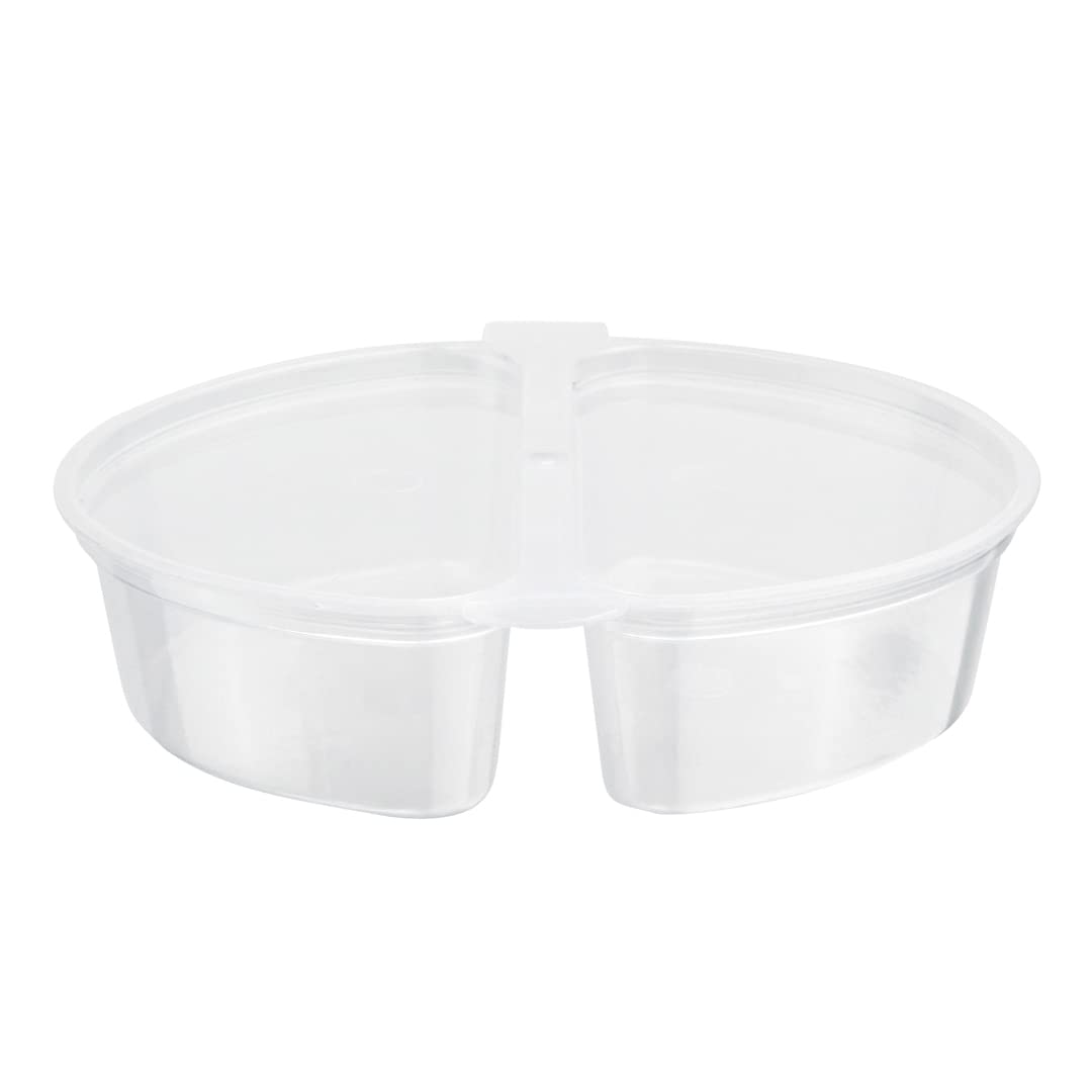 Restaurantware Futura 4oz Clear Plastic Snack Containers with Hinged Lid - 2 Compartment Microwavable Sauce Cups for Condiments, Dips, Takeout, Meal Prep & Party Serving (Pack of 500)