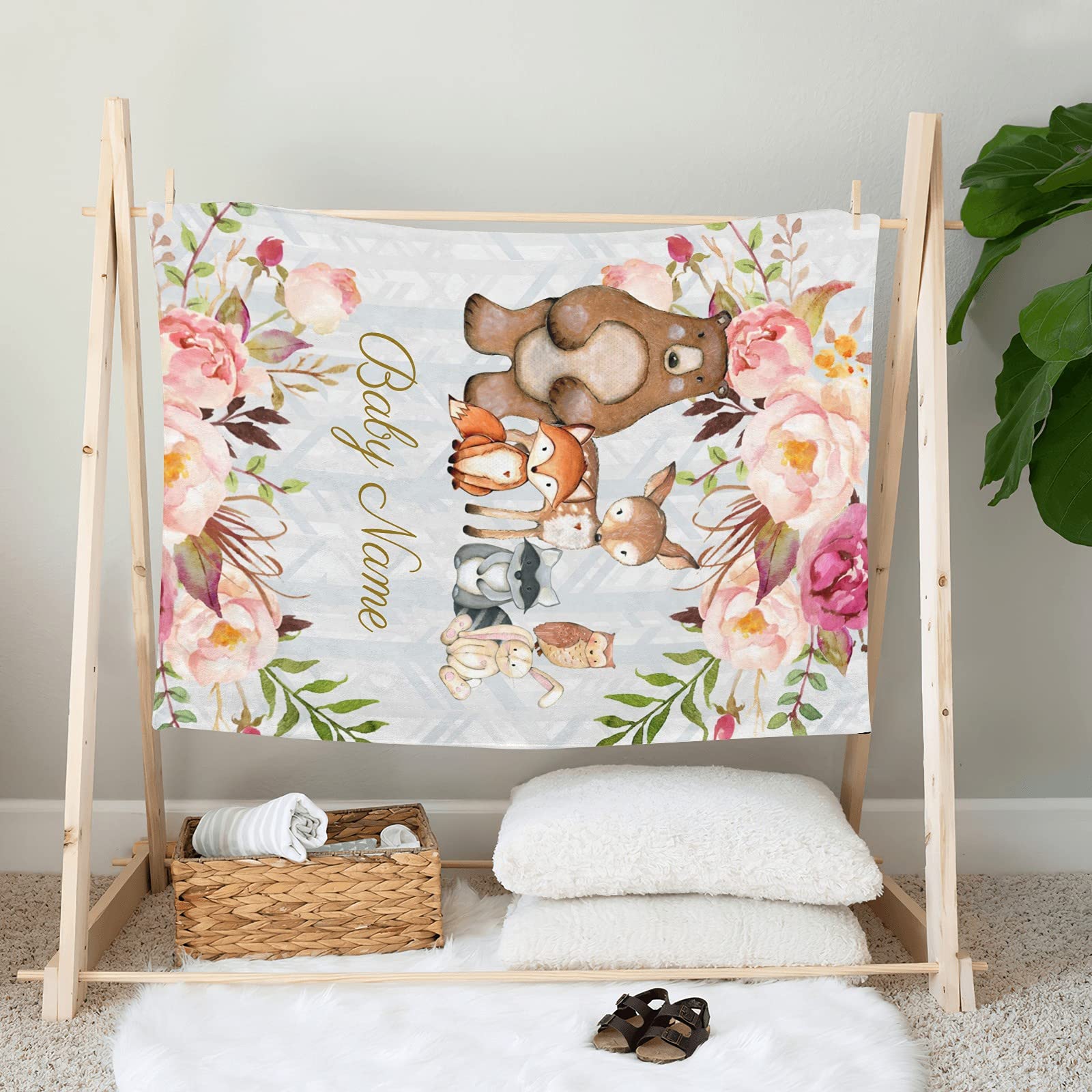 Personalized Floral Woodland Forest Animals Baby Blanket - Custom Bear Fox Deer Fleece Blanket for Boys & Girls - Super Soft 30x40 Inch Baby Shower, Birthday, Wedding Gift - Perfect for Nursery, Travel & Photo Shoots