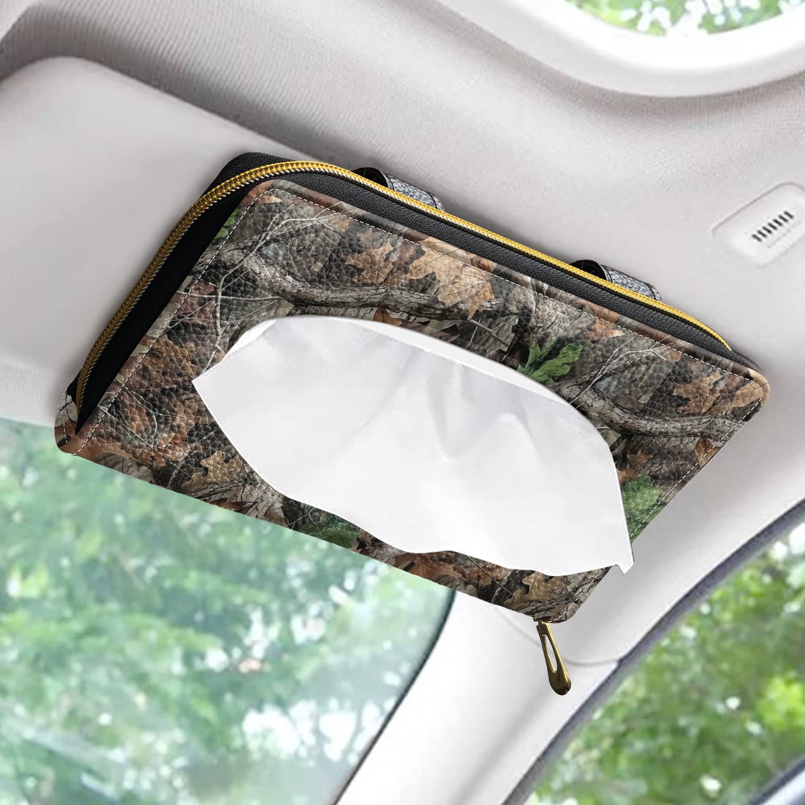 Coldinair Hunting Camo Car Tissue Holder - PU Leather Sun Visor Napkin Organizer with Zipper for Jeep, Truck & SUV | Perfect for Road Trips, Hunting & Outdoor Adventures