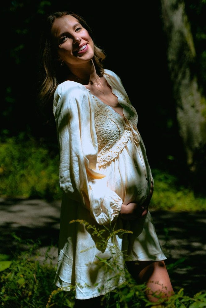 Beige Crochet Lace Button Front Maternity Dress for Pregnancy Photos, Baby Shower & Special Occasions - Comfortable Nursing Dress for Expecting Mothers