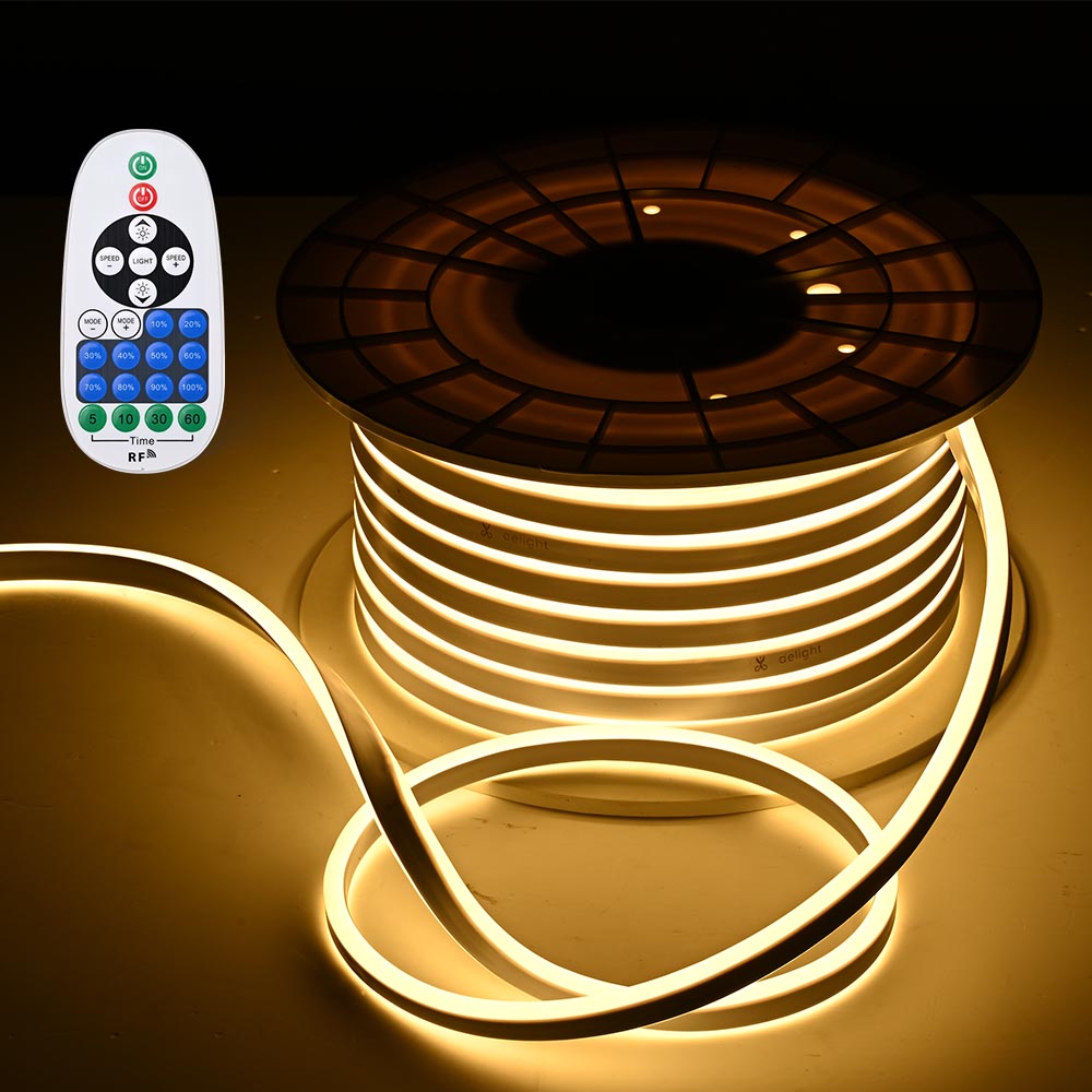 100ft Waterproof Flexible LED Neon Light Strip - Warm White with RF Remote Control for Indoor/Outdoor Decor, Parties, and Events