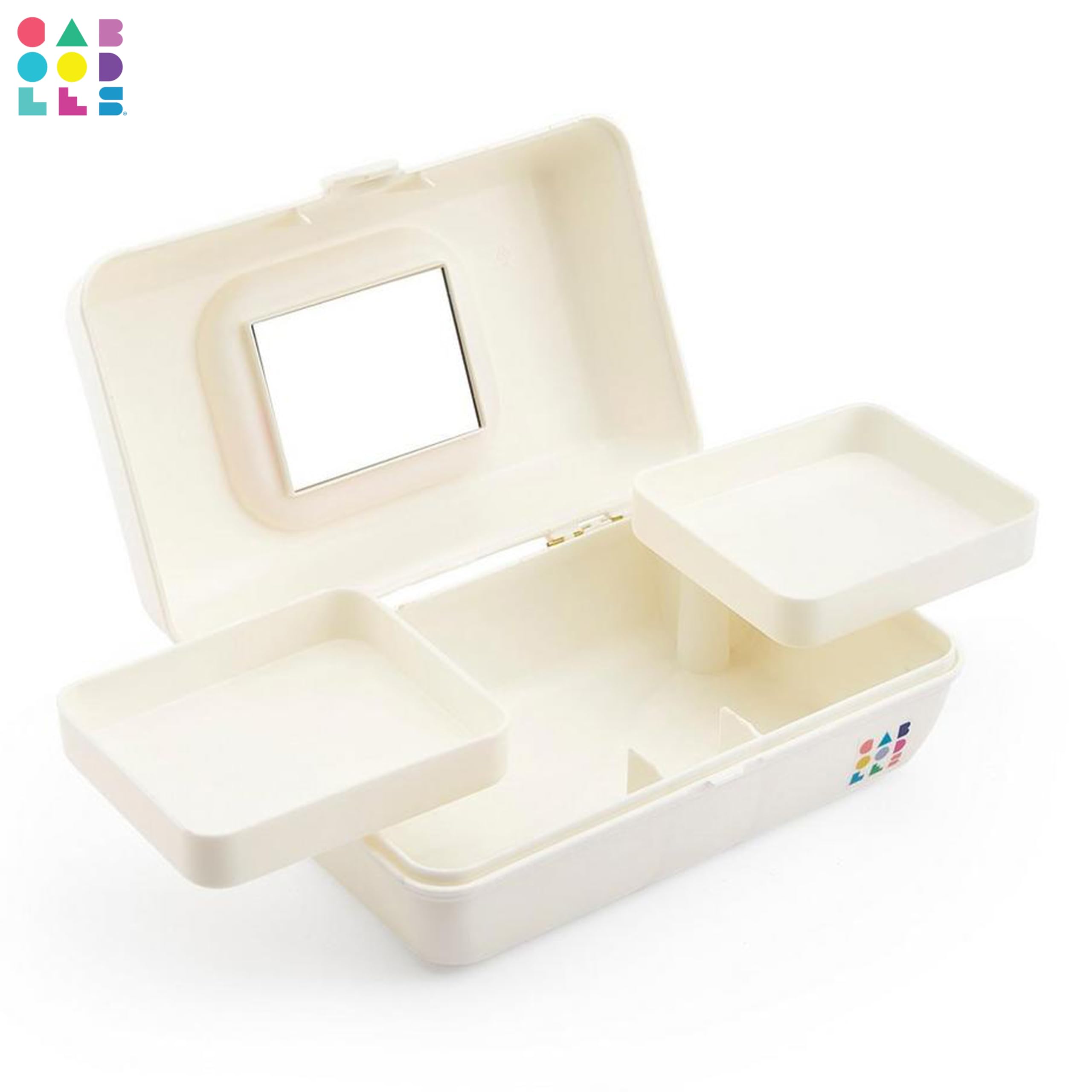 Caboodles Pretty in Petite Makeup Organizer Box - White Hard Plastic Cosmetic Case with 2 Swivel Trays & Fashion Mirror | Secure Travel Latch | Perfect for Travel, Home Vanity & On-the-Go Makeup Storage