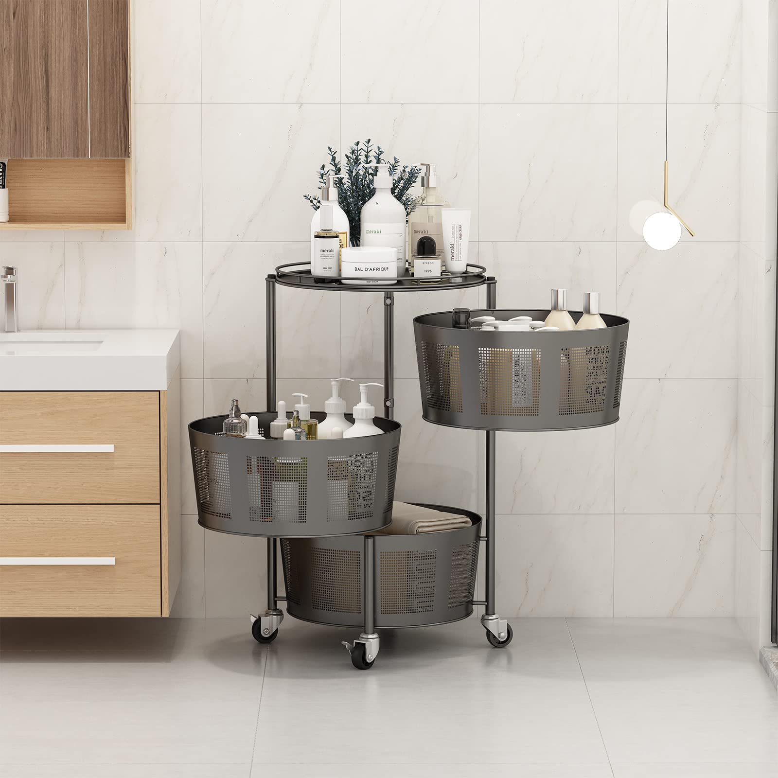 3-Tier Rotating Kitchen Storage Rack on Wheels - Space-Saving for Home & Office