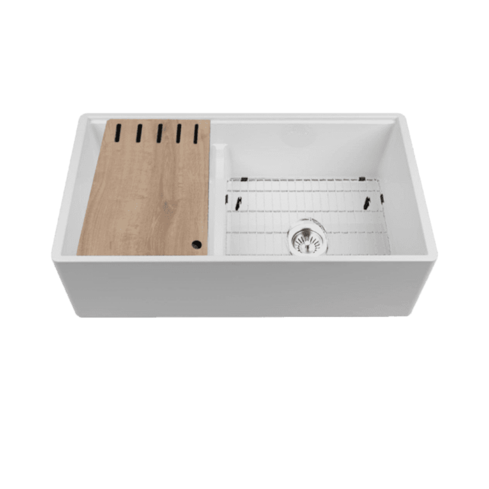 Abey Chambord Legrande Double Bowl Reversible Fireclay Farmhouse Sink - 33x18x10 Inches (838x460x258mm) with Accessories, White, LEGRANDE 2W - Perfect for Kitchen Remodeling & Farmhouse Style Decor