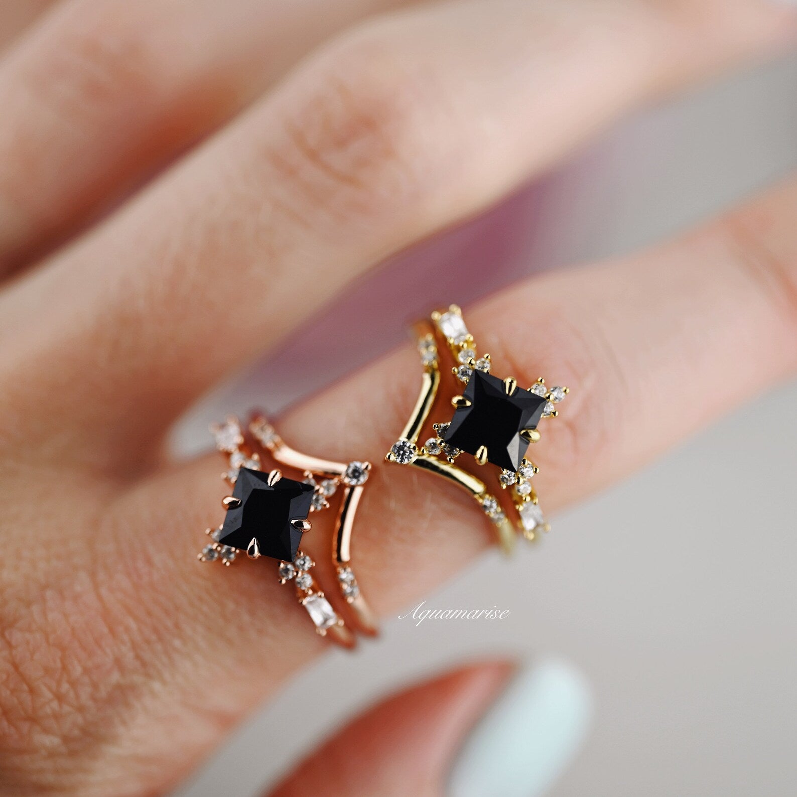 14K/18K Solid Yellow Gold Princess Cut Black Onyx Engagement Ring Set - Elegant Wedding Band for Women, Perfect for Proposals, Anniversaries & Special Occasions