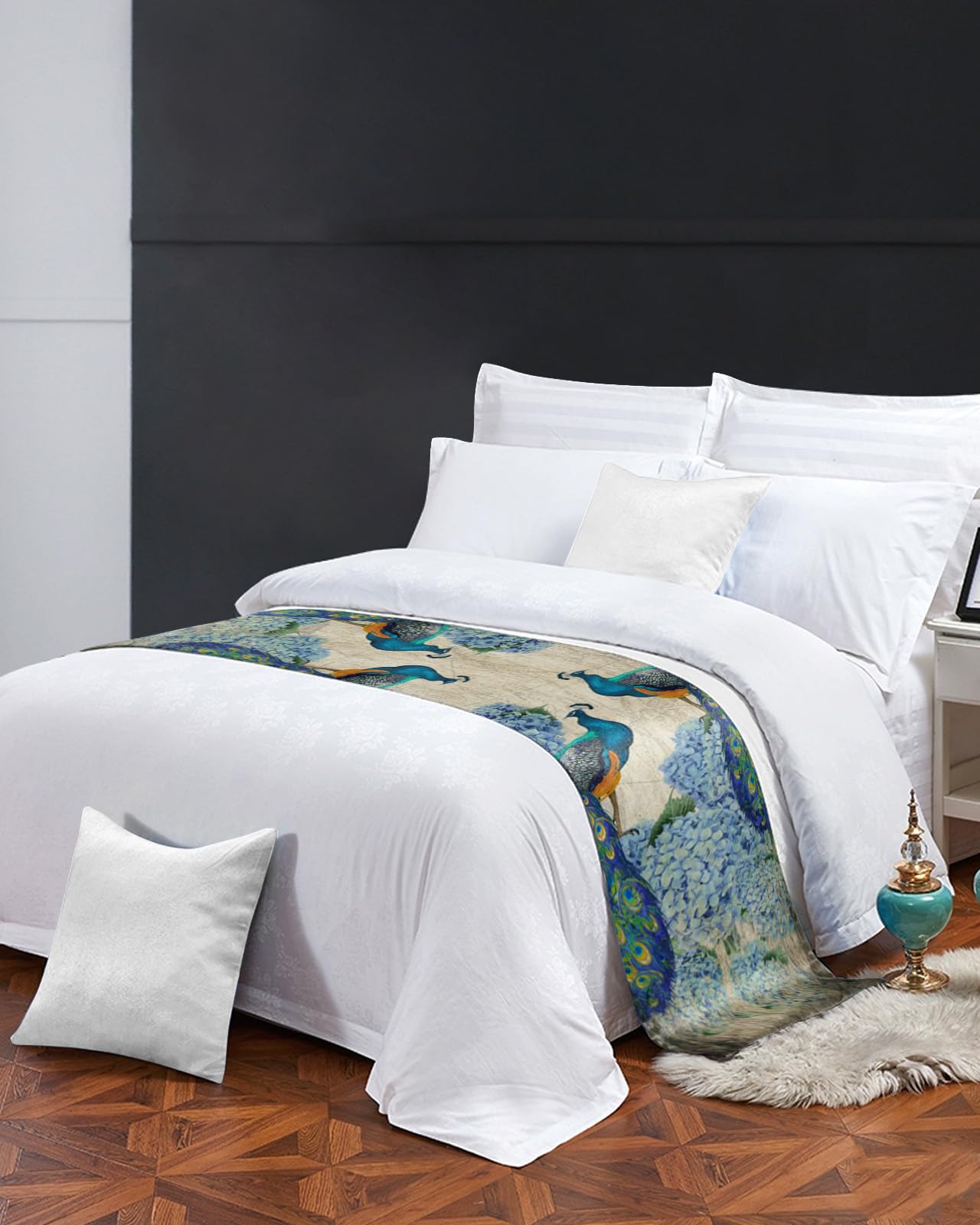 Smile Sunflower Bed Runner Scarf - Rustic Peacock Decorative Bedding Cover for King Size Beds (102x20 inches) - Perfect for Home, Bedroom, Hotel & Wedding Room Decor - Adds Elegance to Foot of Bed