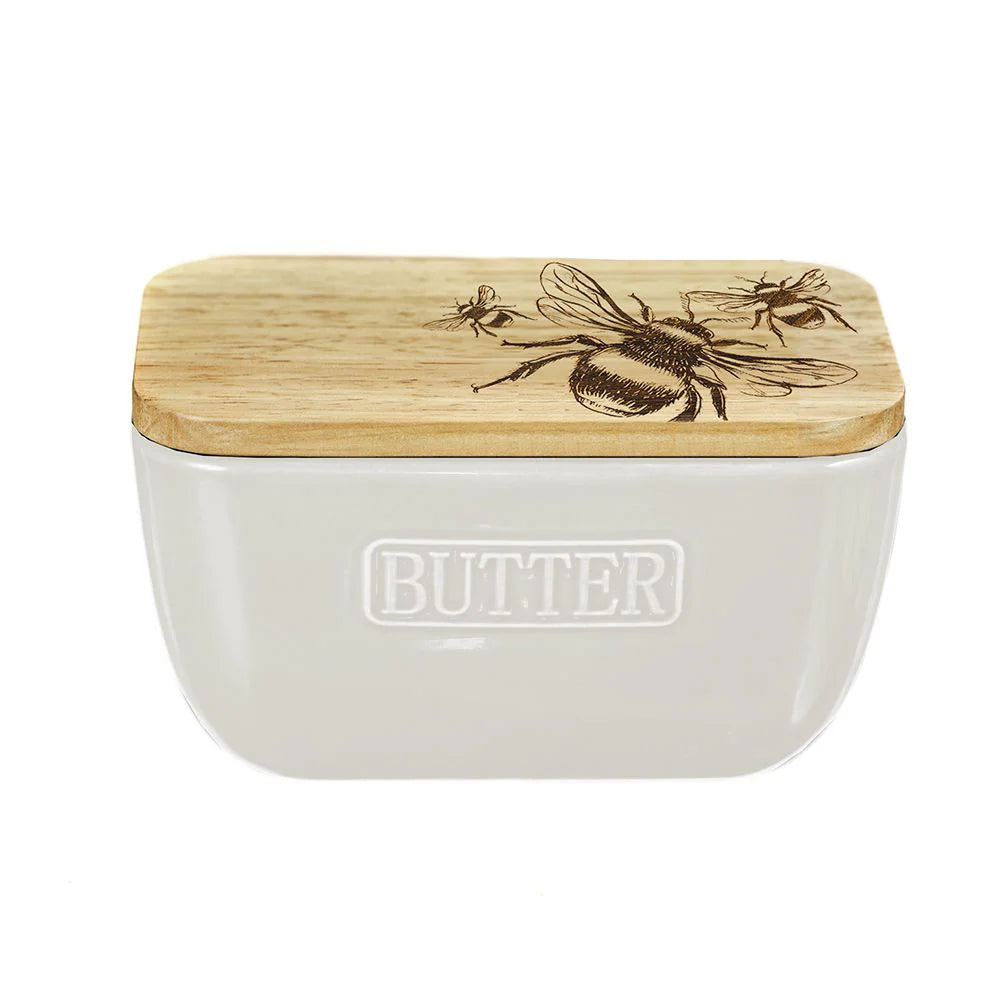 Ceramic and Oak Butter Dish with Lid - Elegant Ivory Butter Keeper for Dining Table, Kitchen Counter, or Gift Giving - Perfect for Butter Storage and Serving