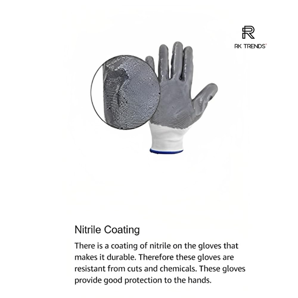 RK TRENDS Safety Gloves - Nylon Nitrile-Coated Work Gloves for Enhanced Grip, Durable & Comfortable - Perfect for Mechanics, Construction, DIY Projects, Gardening & Outdoor Work (3 Pairs, Grey-White)