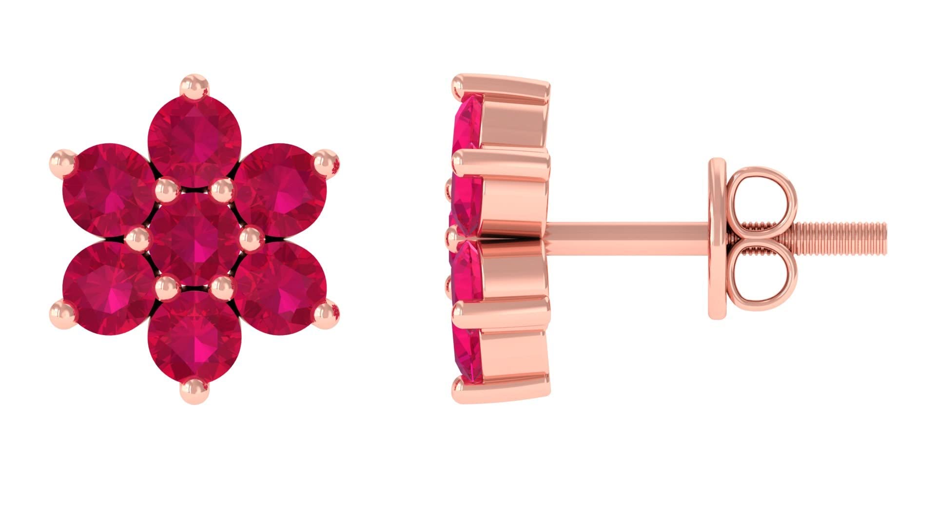 1.25 CT Genuine Ruby Stud Earrings for Women - 14K Solid Gold Flower Stud Earrings, July Birthstone Jewelry - Perfect for Birthdays, Anniversaries & Special Occasions