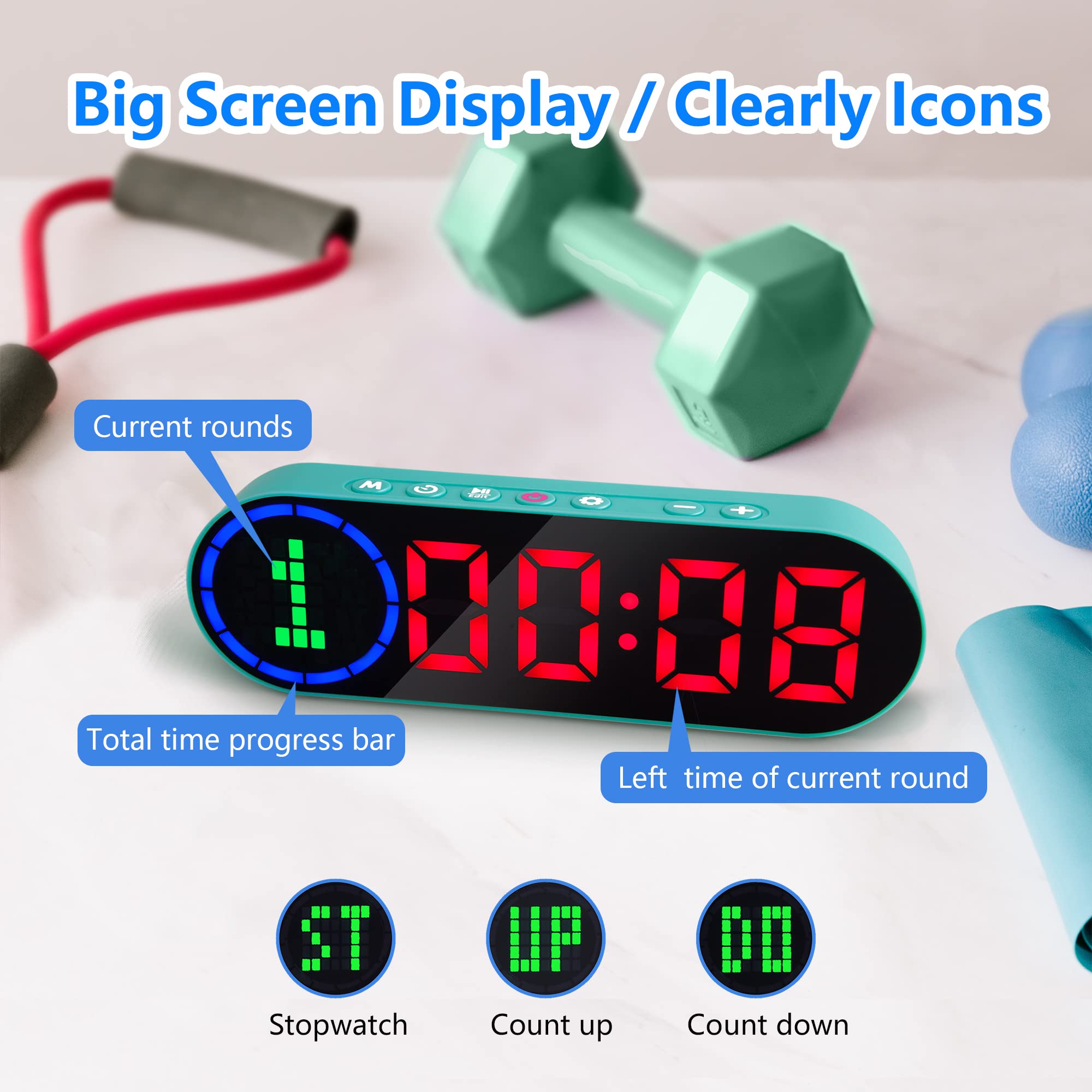 Portable Gym Timer with Time Progress Bar - Interval Timer for HIIT, Tabata, EMOM, Boxing Workouts - Rechargeable Battery Powered for Home Gym & Fitness Training - Perfect for CrossFit, Circuit Training & Personal Workouts