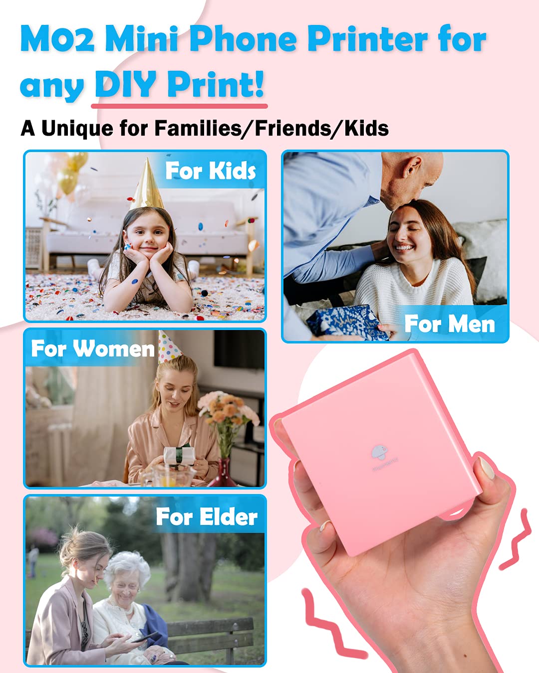 Phomemo M02 Mini Thermal Sticker Printer - Wireless Bluetooth Instant Photo Printer for Smartphones & Tablets | Portable Picture Maker for DIY Crafts, Scrapbooking & Small Business Labeling (Pink)