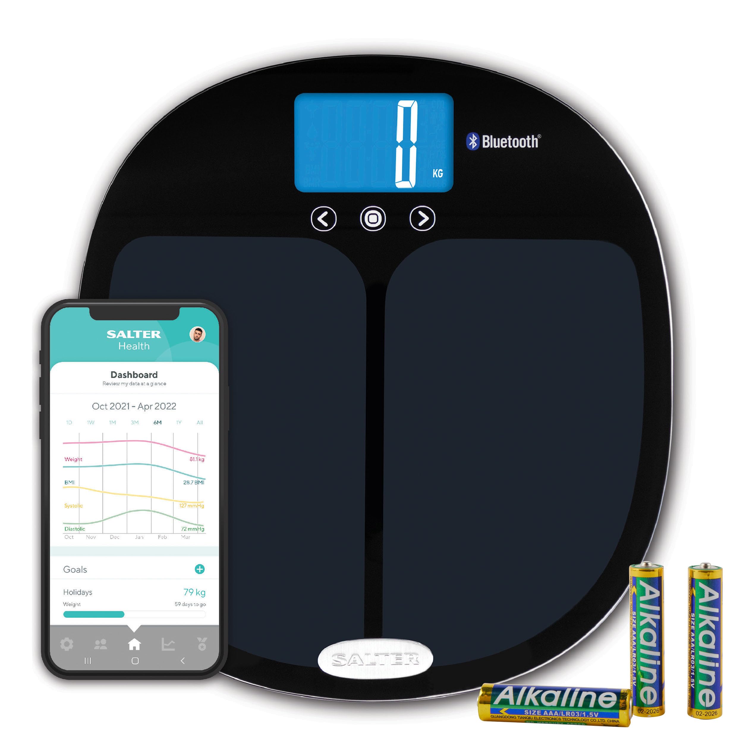 Salter 9192 BK3R Smart Body Composition Scale - Digital Bathroom Scale with Bluetooth, Measures Weight, Body Fat, Water, Muscle & Bone Mass, BMI/BMR - Syncs with Salter Health App for Fitness Tracking & Health Monitoring at Home