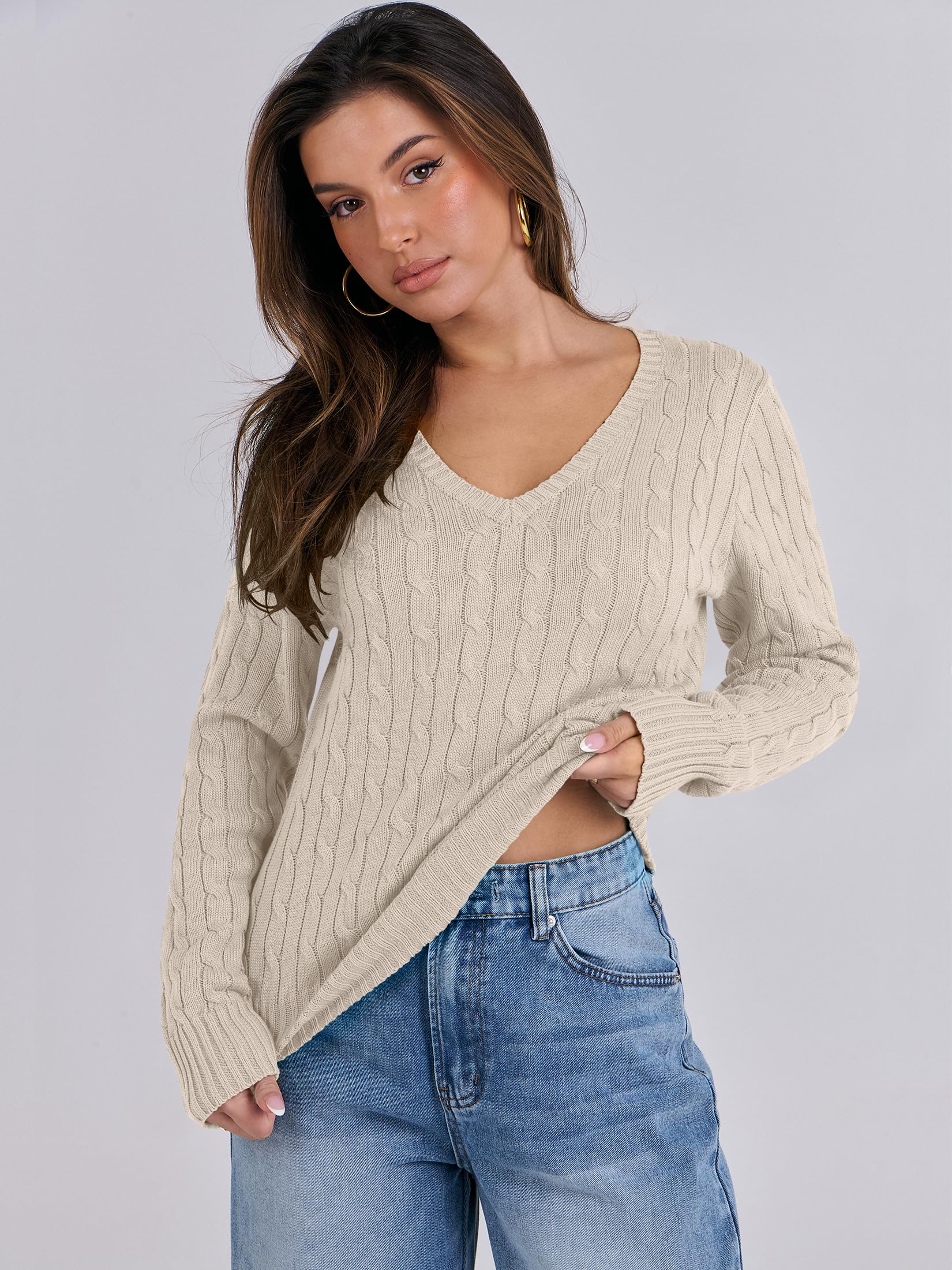 ANRABESS Women's Long Sleeve V Neck Cable Knit Sweater - Soft Pullover Top for Spring 2025 - Cute & Dressy Casual Outfit for Work, Date Night & Weekend Wear