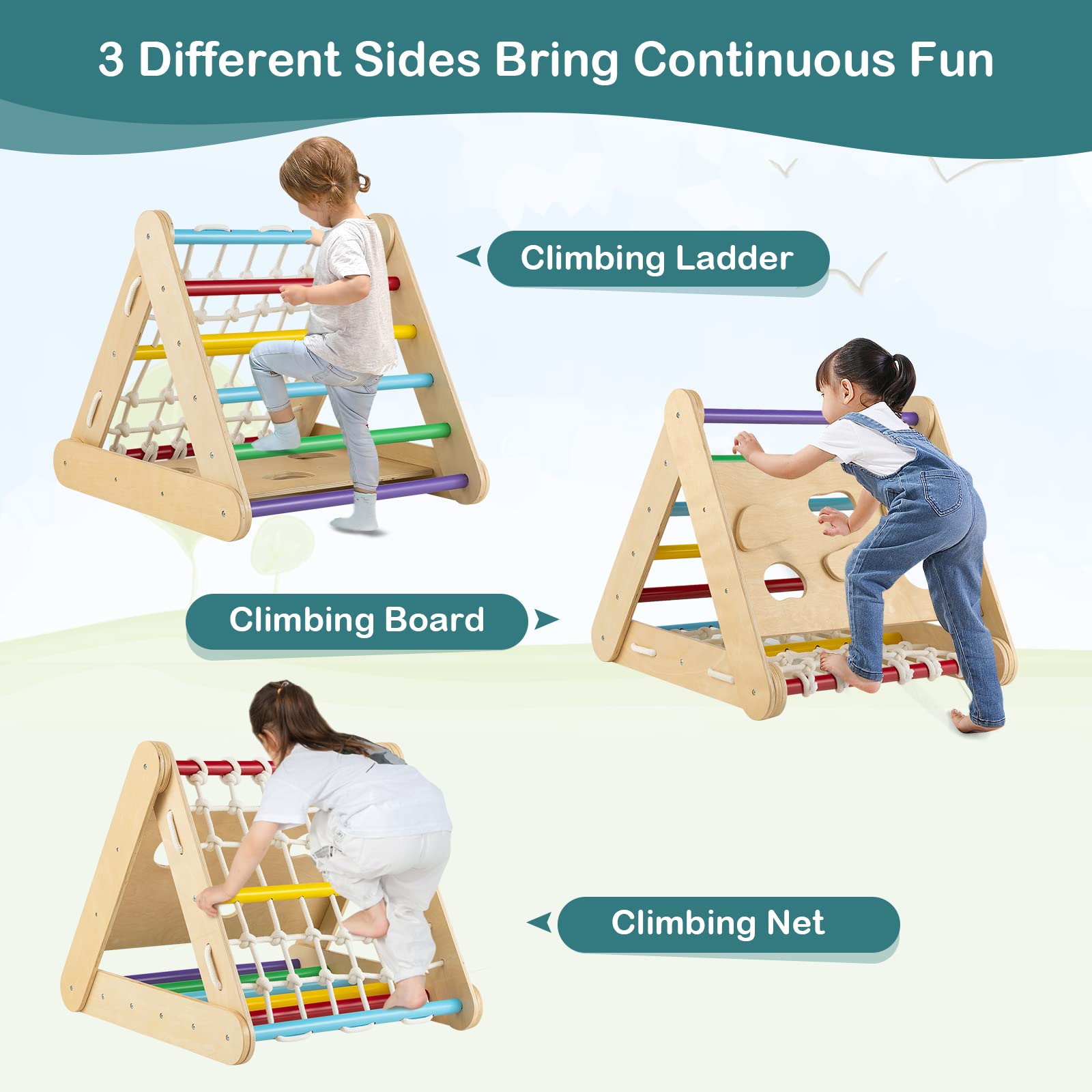 Costzon 4-in-1 Montessori Wooden Triangle Climber for Toddlers - 3-Sided Climbing Toy with Slide Ramp, Climbing Net & Board - Indoor Gym Playset for Kids Boys Girls - Perfect for Home Playroom, Daycare & Preschool Activities