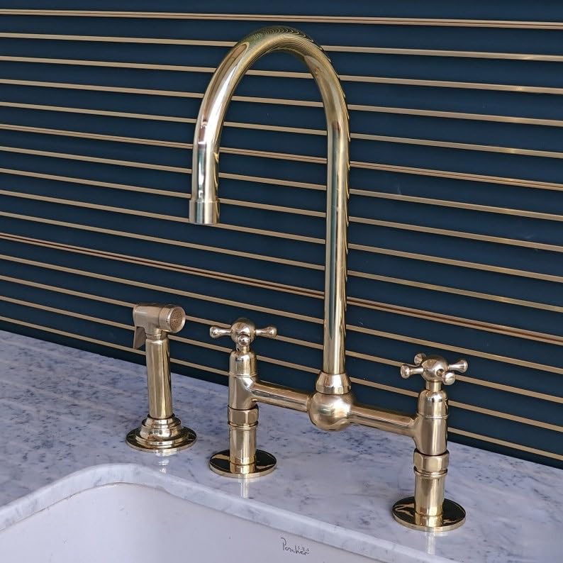 8 Inch Unlacquered Solid Brass Bridge Kitchen Faucet with Cross Handles & Straight Legs - Includes Sprayer for Modern Farmhouse Sink (Perfect for Vintage Style Kitchen Renovation)