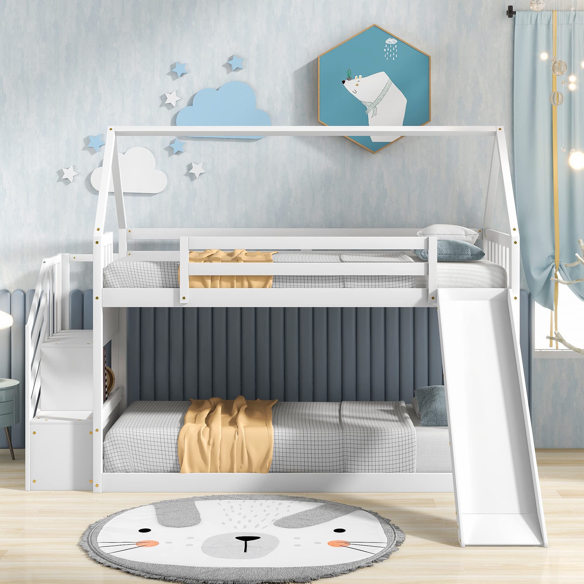 Low House Bunk Bed with Slide - Wood Twin Over Twin Floor Bunk Bed Frame with Storage Shelves, Roof & Full-Length Guardrail - Safe for Toddlers, Kids, Boys & Girls - White - Perfect for Kids' Bedrooms, Playrooms & Small Spaces