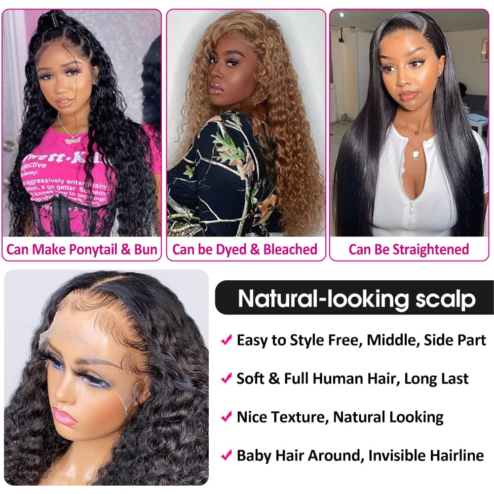 Pizazz 220% Density Deep Wave Human Hair Wigs for Black Women - 13x4 Glueless HD Transparent Lace Front Wig with Baby Hair - Natural Color 16 Inch - Perfect for Daily Wear, Parties & Special Occasions