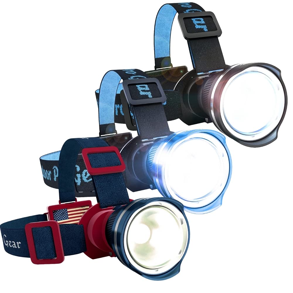 **Outdoor Pro Gear Family Three Pack - Super Bright LED Headlamp with Zoomable Spotlight & Wide Beam - Perfect for Camping, Hiking, BBQ, and Family Adventures (1 Blue, 1 Black, 1 Old Glory Included)**