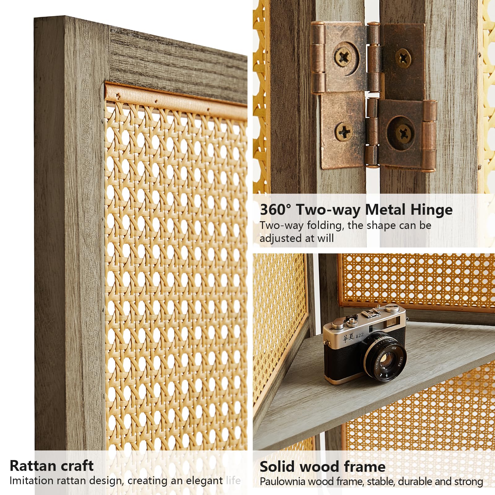 4 Panel Wooden Room Divider with Shelves - Foldable Rattan Privacy Screen, Portable Partition for Home & Office - Perfect for Room Separation, Dressing Room, Studio, or Event Decoration (Brown)