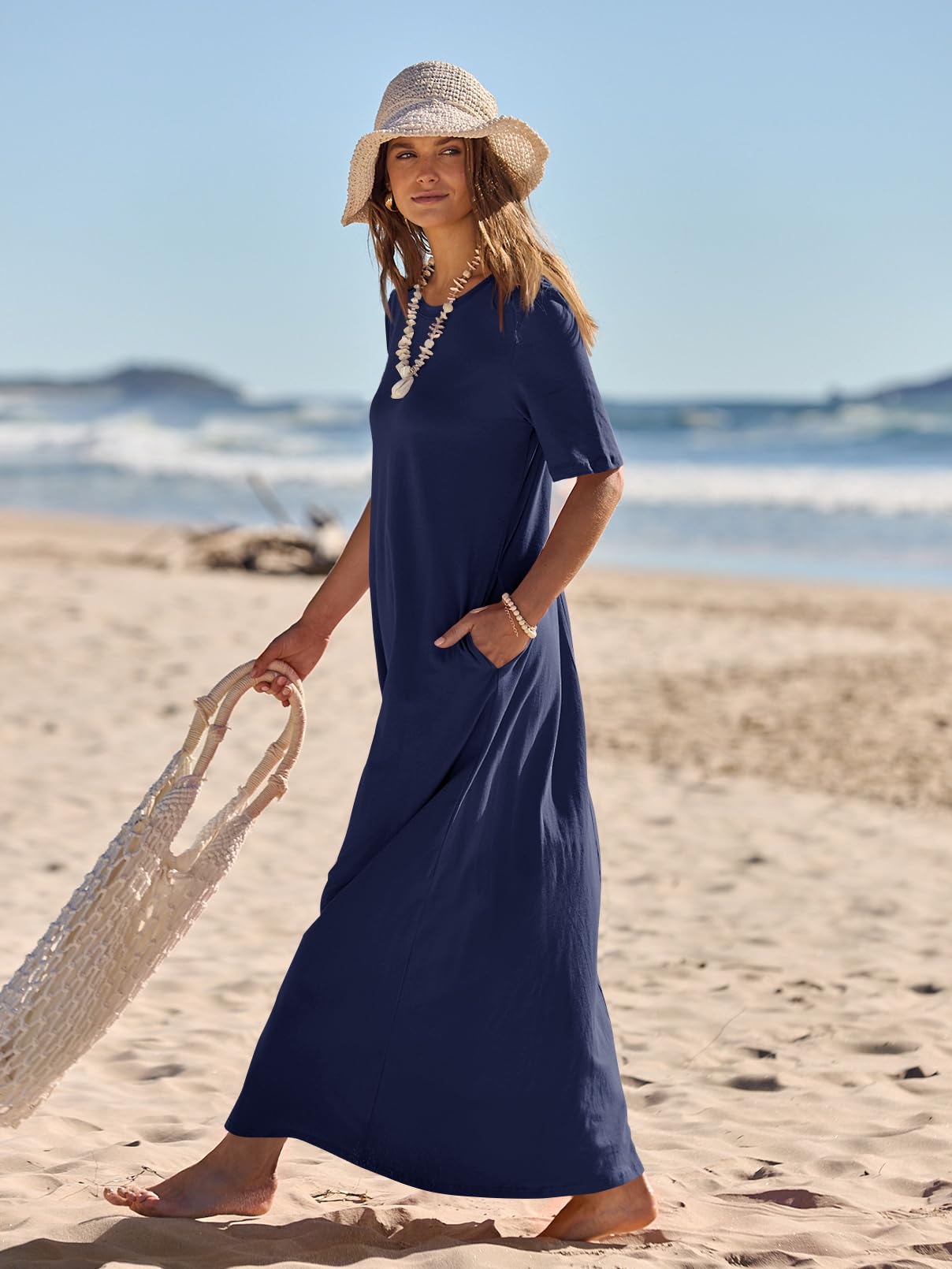 MEROKEETY Women's 2025 Spring Summer Casual Maxi Dress - Short Sleeve Crewneck Long T-Shirt Dress for Beach Vacation, Travel, and Everyday Wear